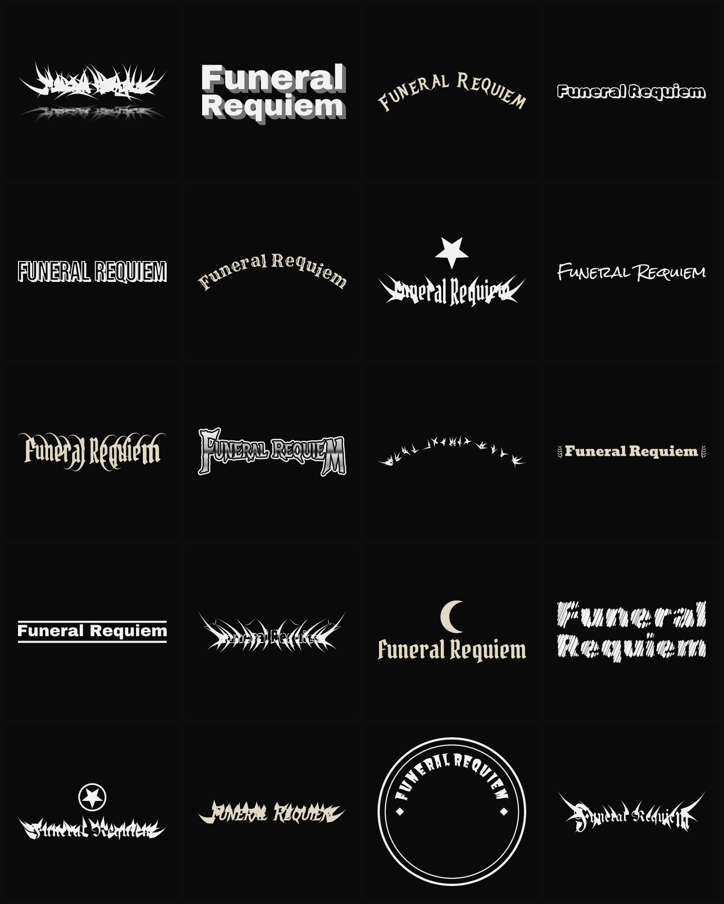 Twenty Funeral Requiem band logo ideas — different faces, treatments and spike settings