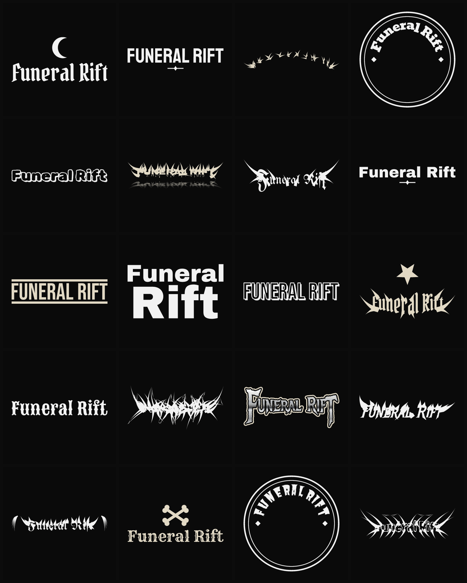 Twenty Funeral Rift band logo ideas — different faces, treatments and spike settings