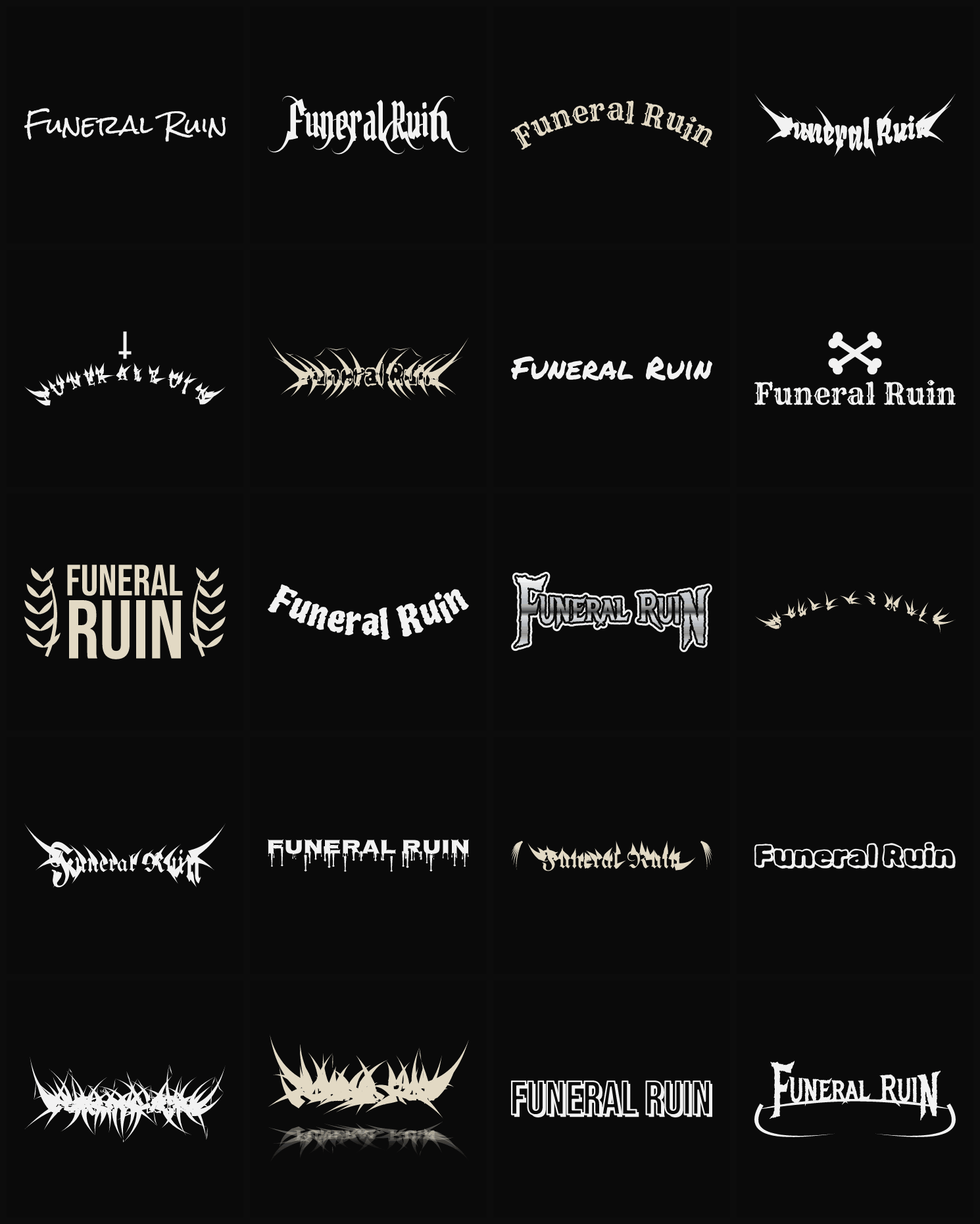 Twenty Funeral Ruin band logo ideas — different faces, treatments and spike settings