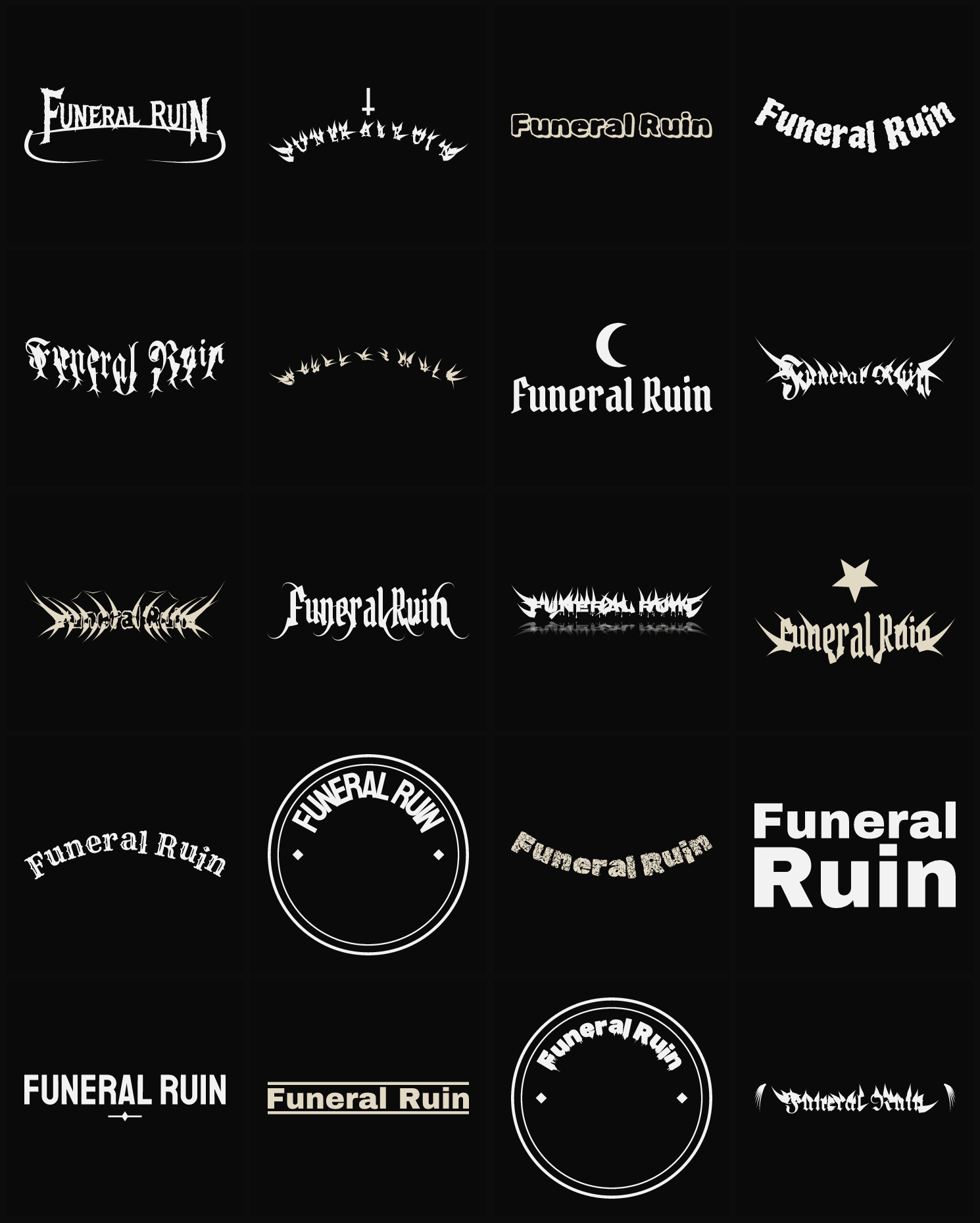 Twenty Funeral Ruin band logo ideas — different faces, treatments and spike settings