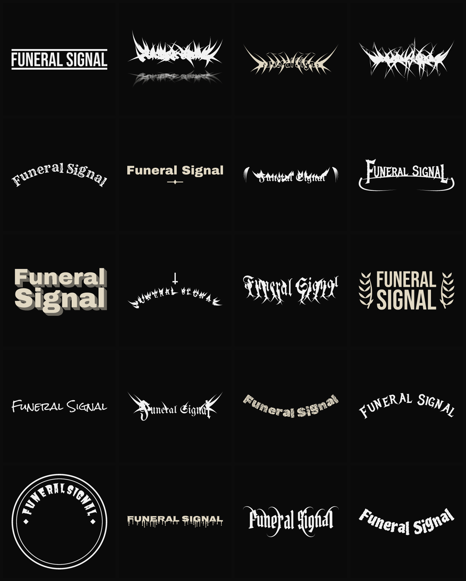 Twenty Funeral Signal band logo ideas — different faces, treatments and spike settings