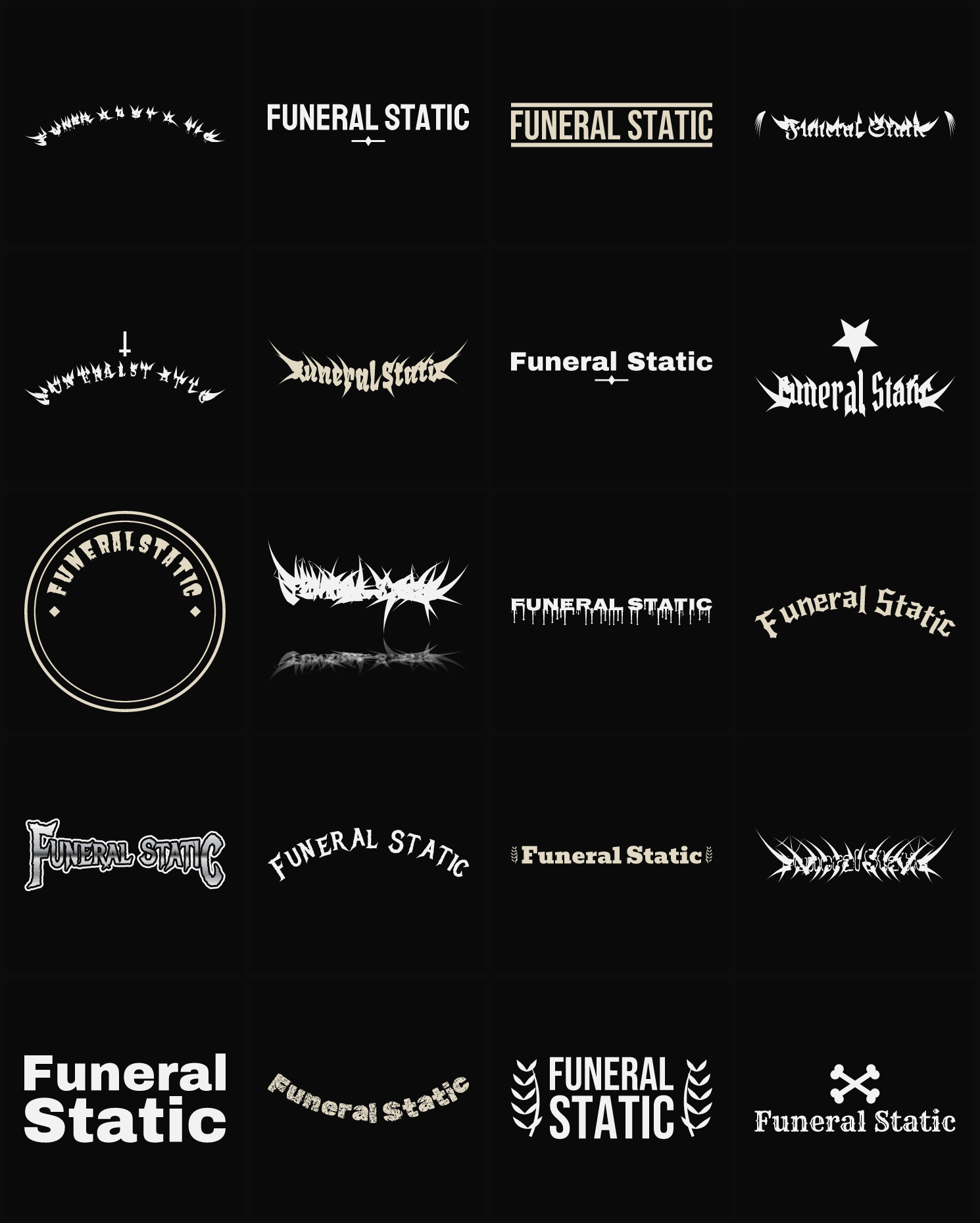 Twenty Funeral Static band logo ideas — different faces, treatments and spike settings