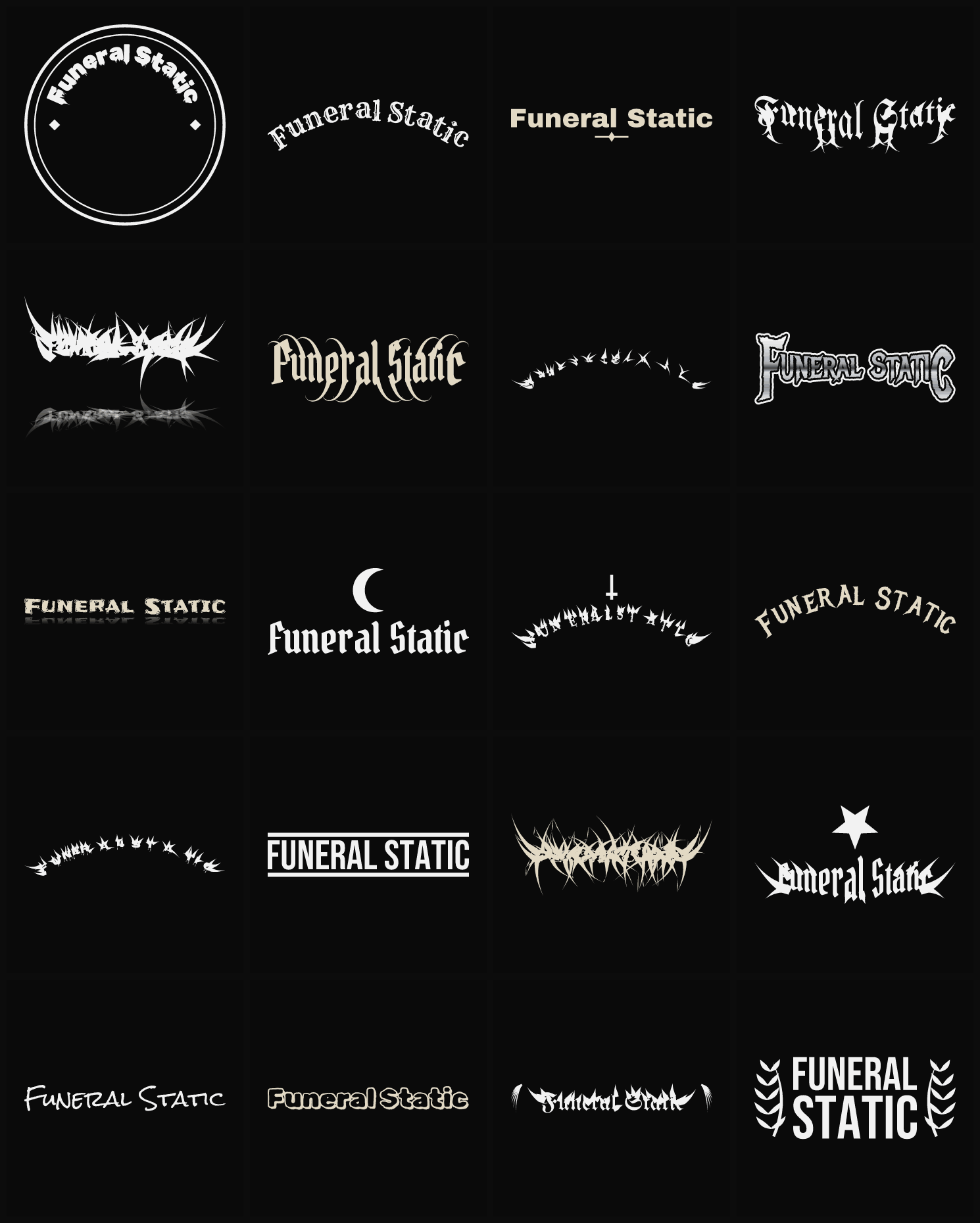 Twenty Funeral Static band logo ideas — different faces, treatments and spike settings