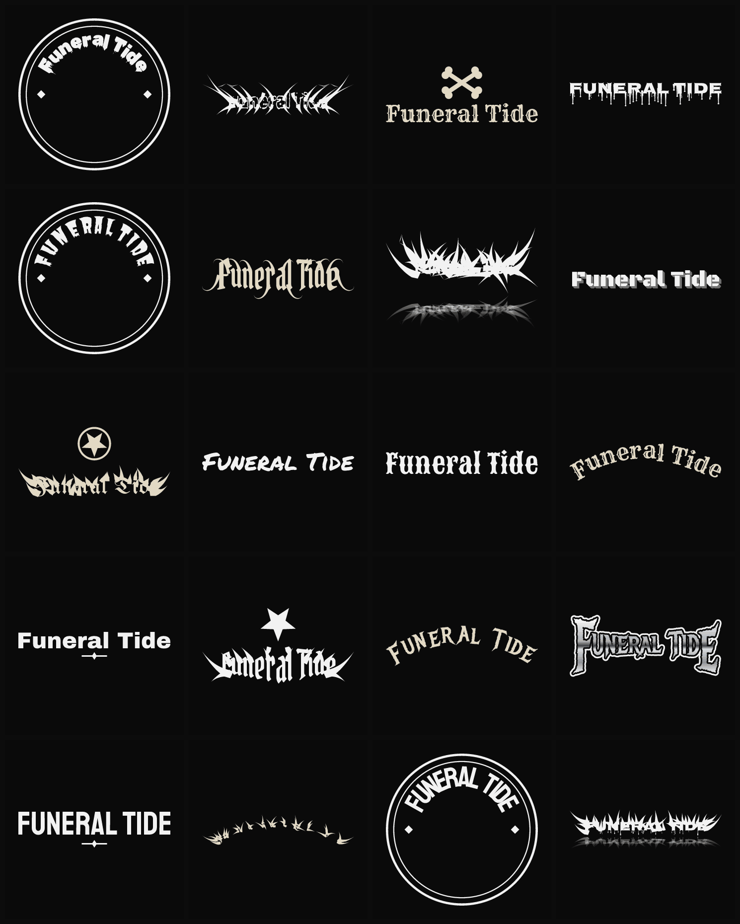 Twenty Funeral Tide band logo ideas — different faces, treatments and spike settings