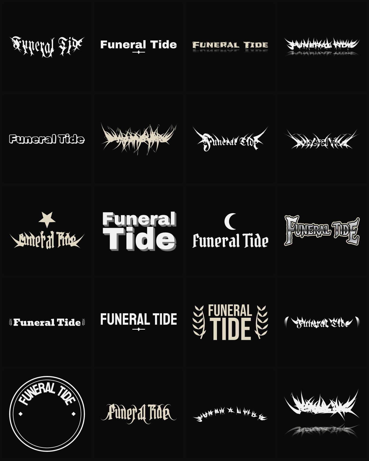 Twenty Funeral Tide band logo ideas — different faces, treatments and spike settings