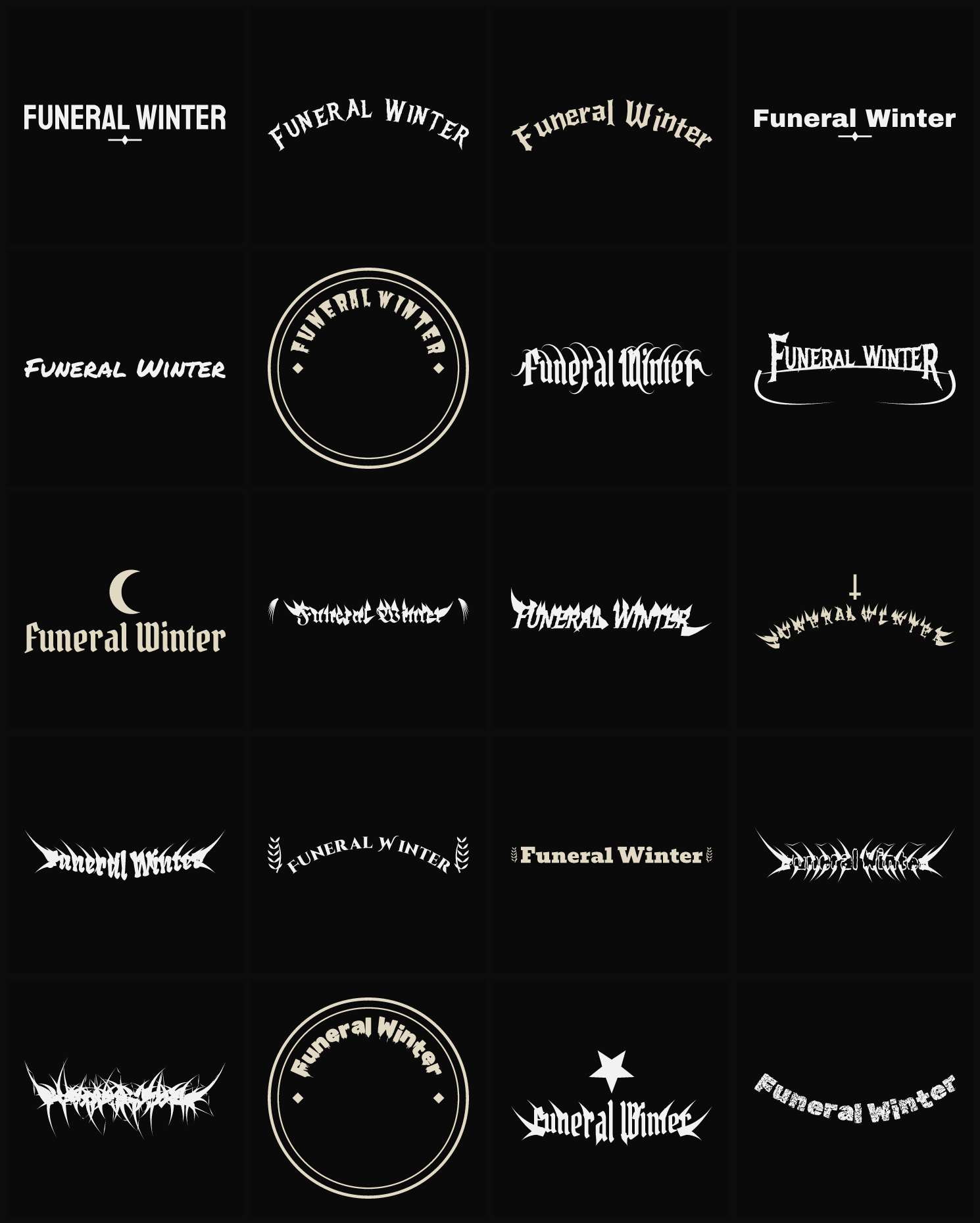 Twenty Funeral Winter band logo ideas — different faces, treatments and spike settings
