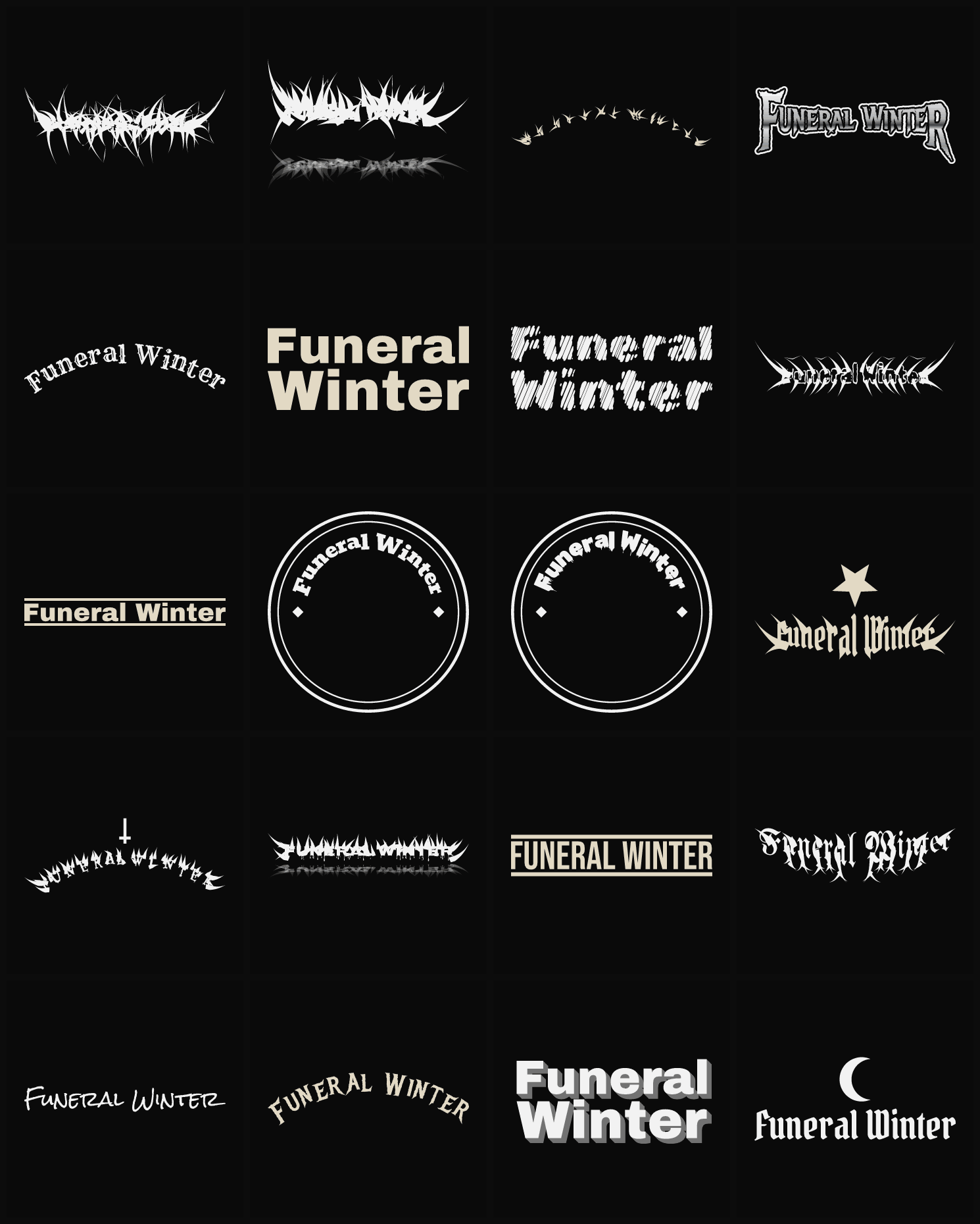 Twenty Funeral Winter band logo ideas — different faces, treatments and spike settings