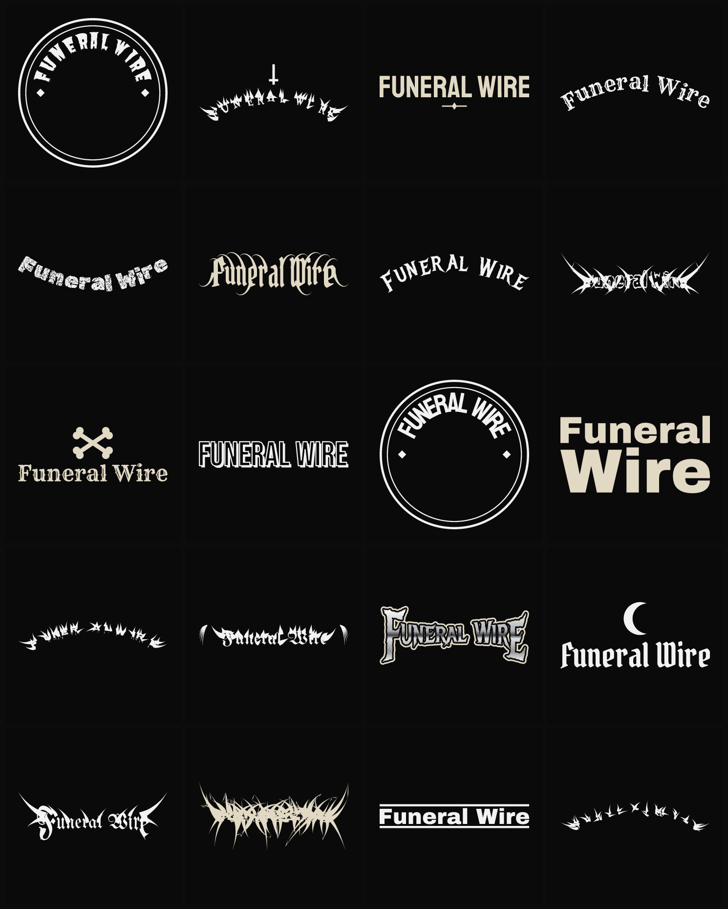 Twenty Funeral Wire band logo ideas — different faces, treatments and spike settings