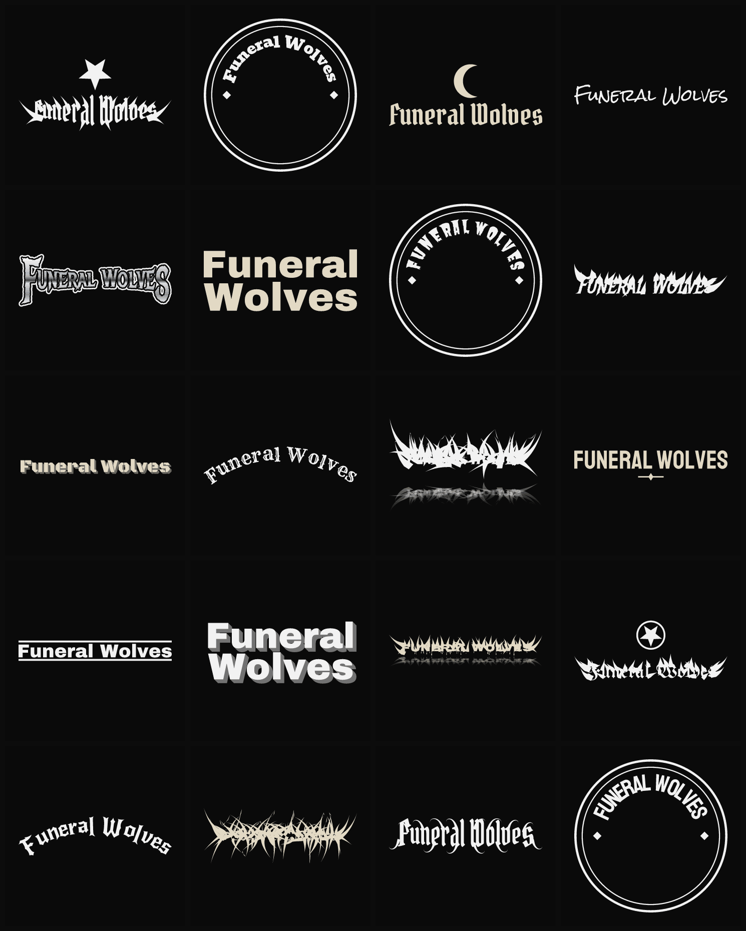 Twenty Funeral Wolves band logo ideas — different faces, treatments and spike settings