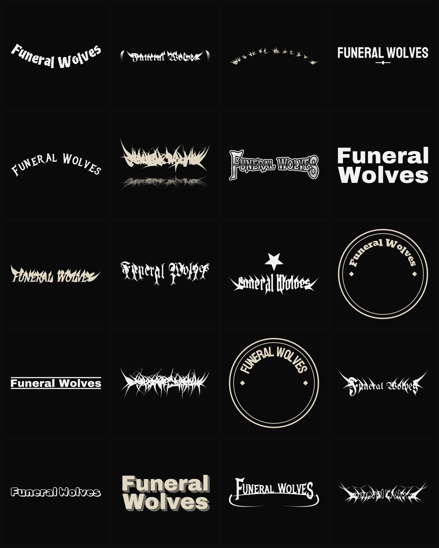 Twenty Funeral Wolves band logo ideas — different faces, treatments and spike settings