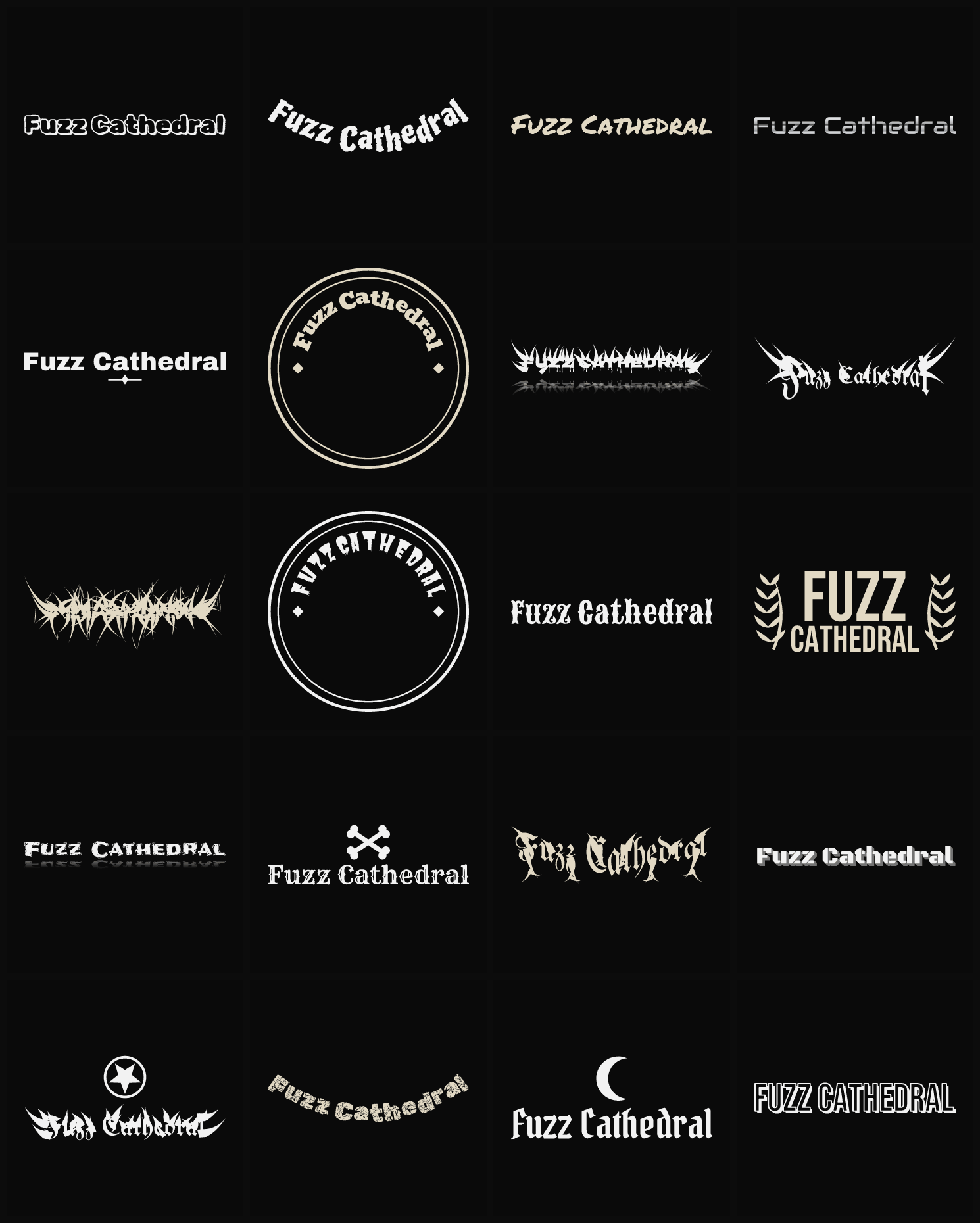 Twenty Fuzz Cathedral band logo ideas — different faces, treatments and spike settings