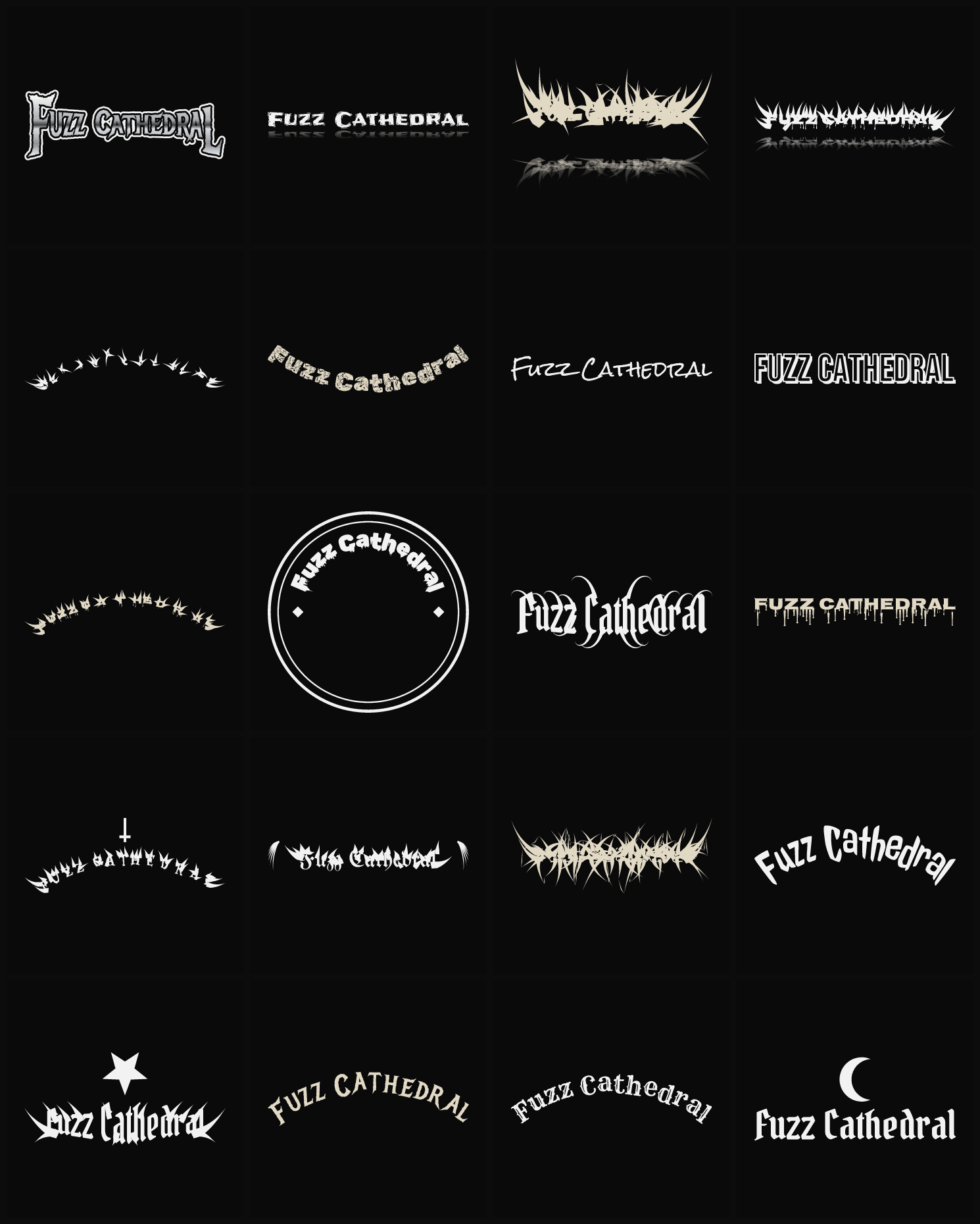 Twenty Fuzz Cathedral band logo ideas — different faces, treatments and spike settings