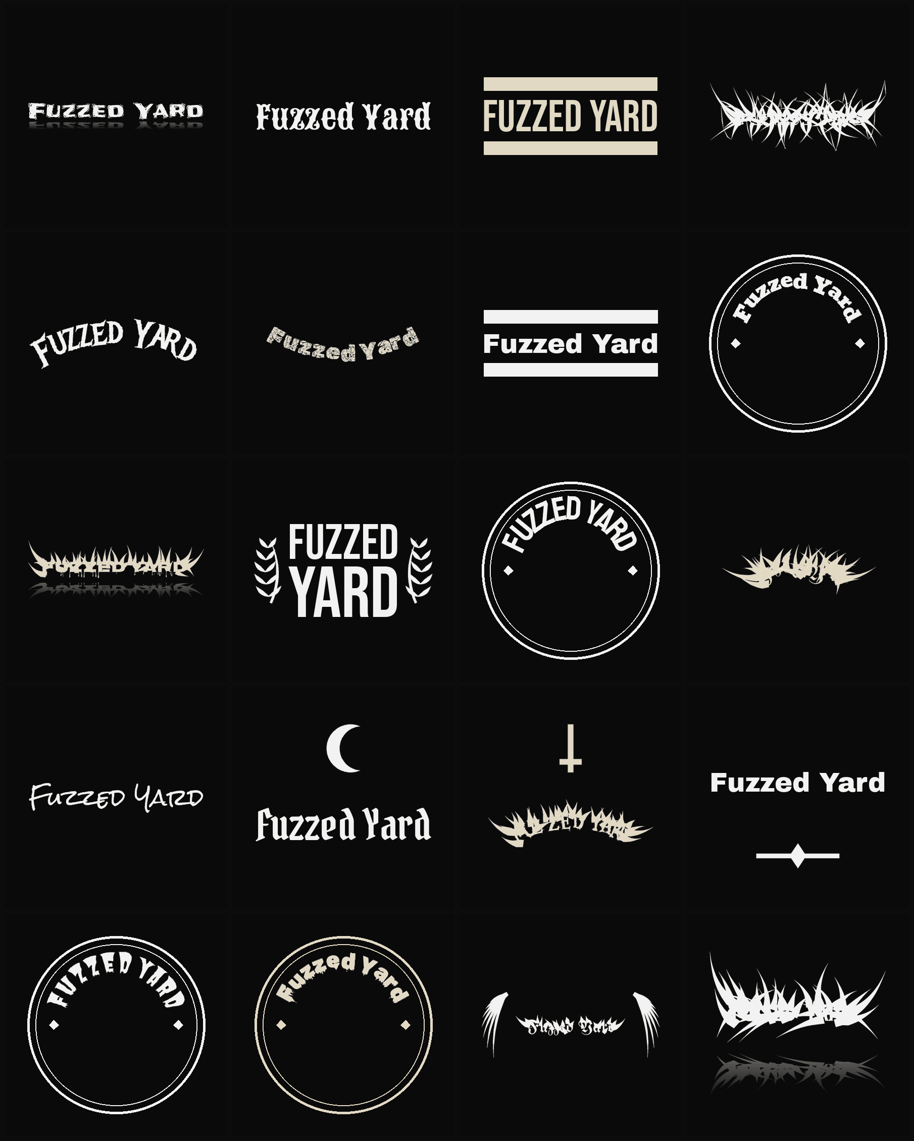 Twenty Fuzzed Yard band logo ideas — different faces, treatments and spike settings