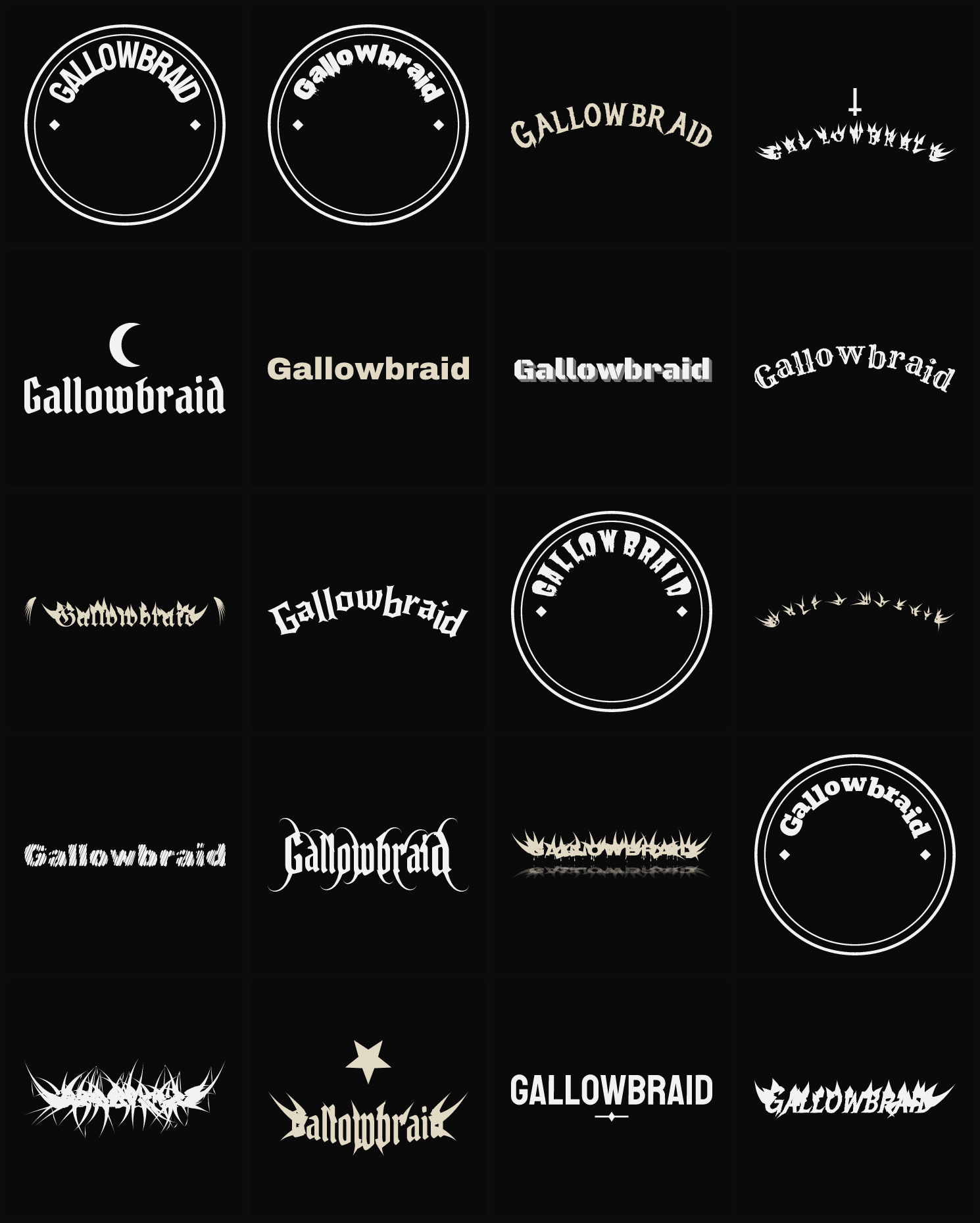 Twenty Gallowbraid band logo ideas — different faces, treatments and spike settings