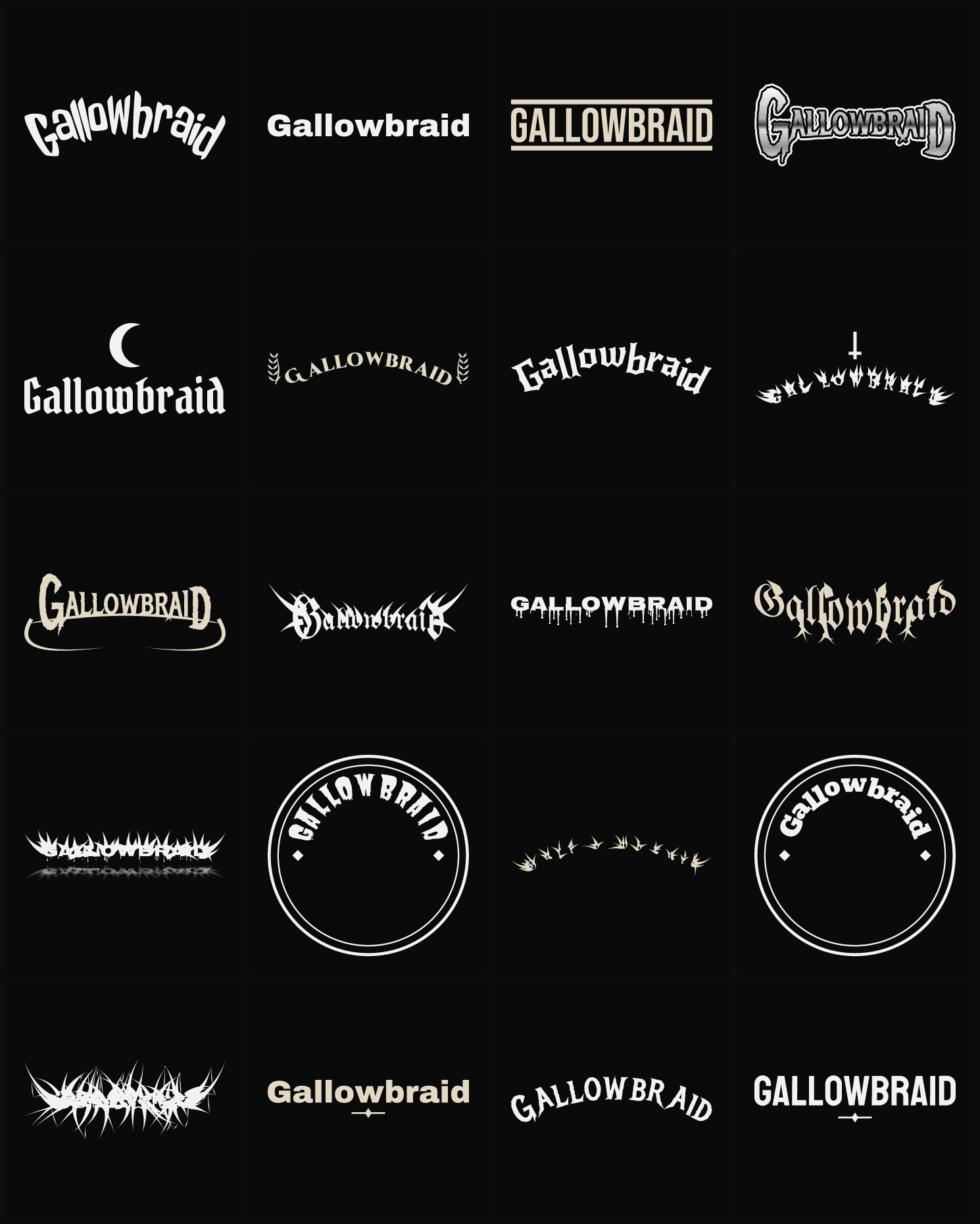 Twenty Gallowbraid band logo ideas — different faces, treatments and spike settings