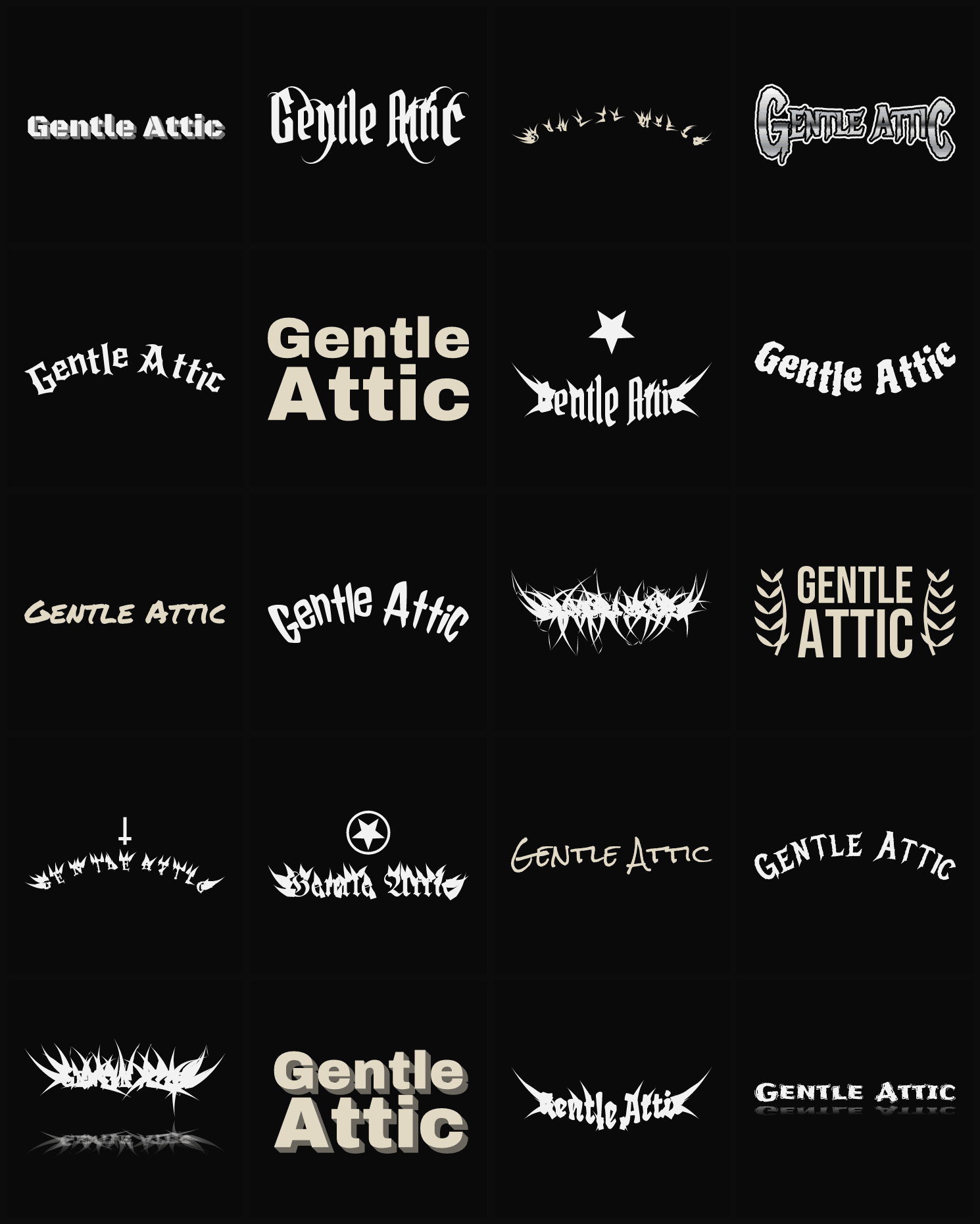 Twenty Gentle Attic band logo ideas — different faces, treatments and spike settings