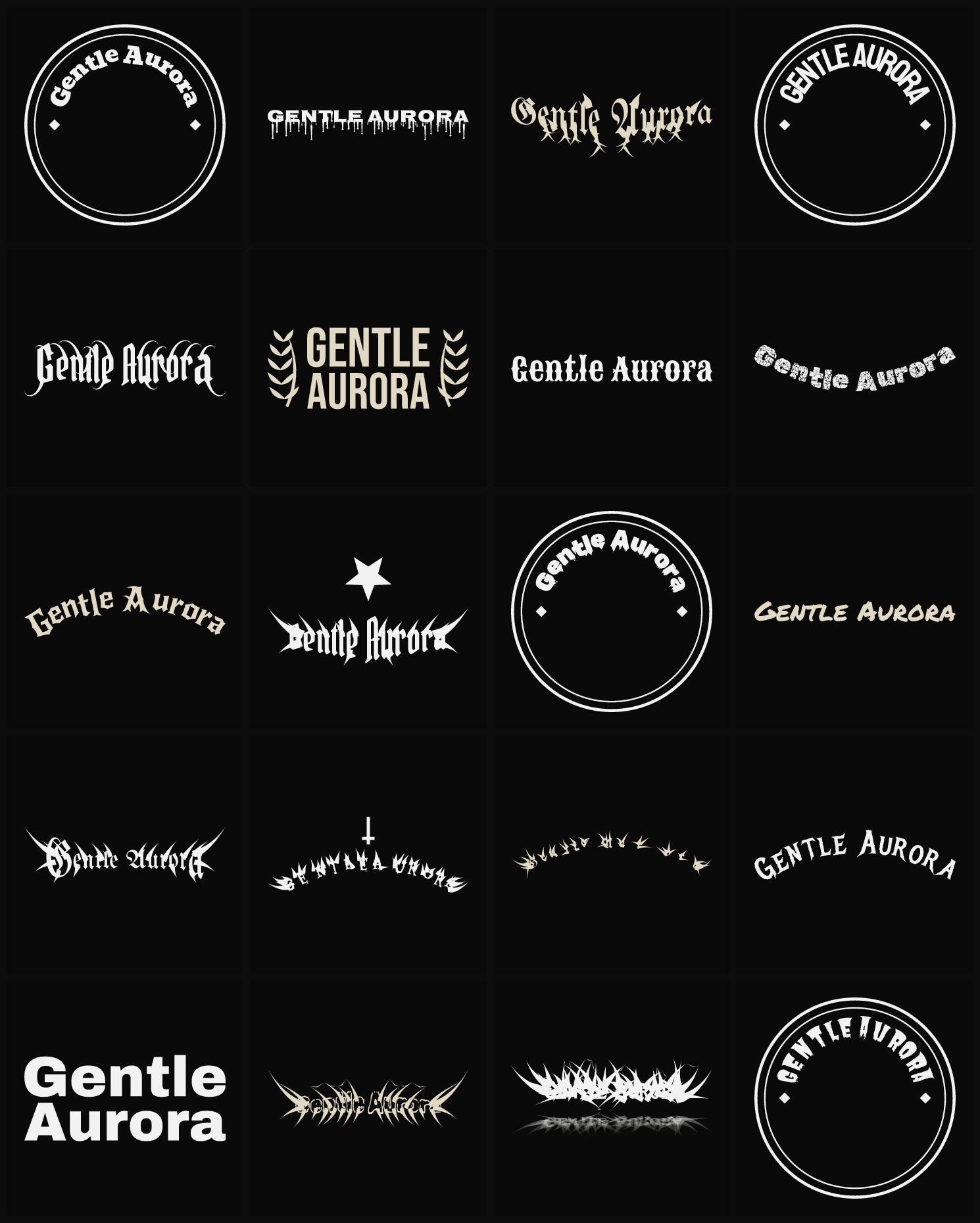 Twenty Gentle Aurora band logo ideas — different faces, treatments and spike settings