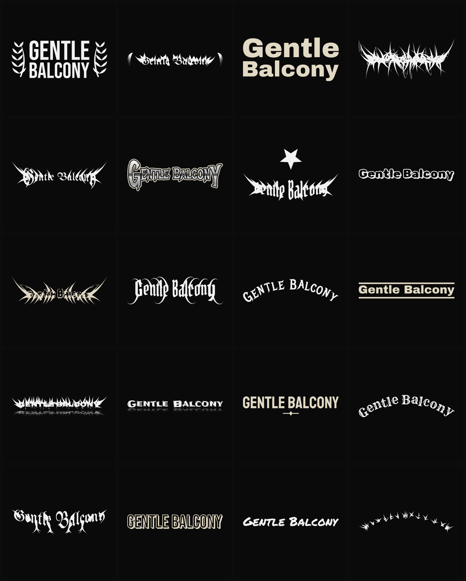 Twenty Gentle Balcony band logo ideas — different faces, treatments and spike settings