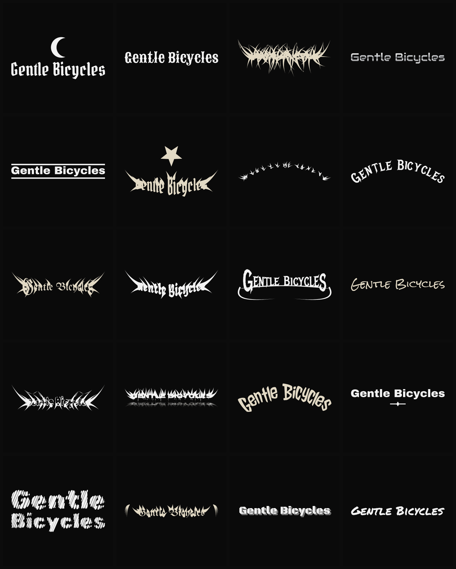 Twenty Gentle Bicycles band logo ideas — different faces, treatments and spike settings