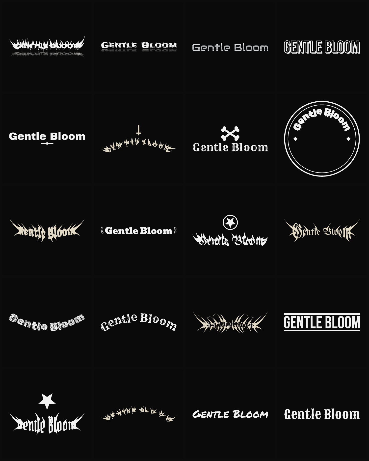 Twenty Gentle Bloom band logo ideas — different faces, treatments and spike settings