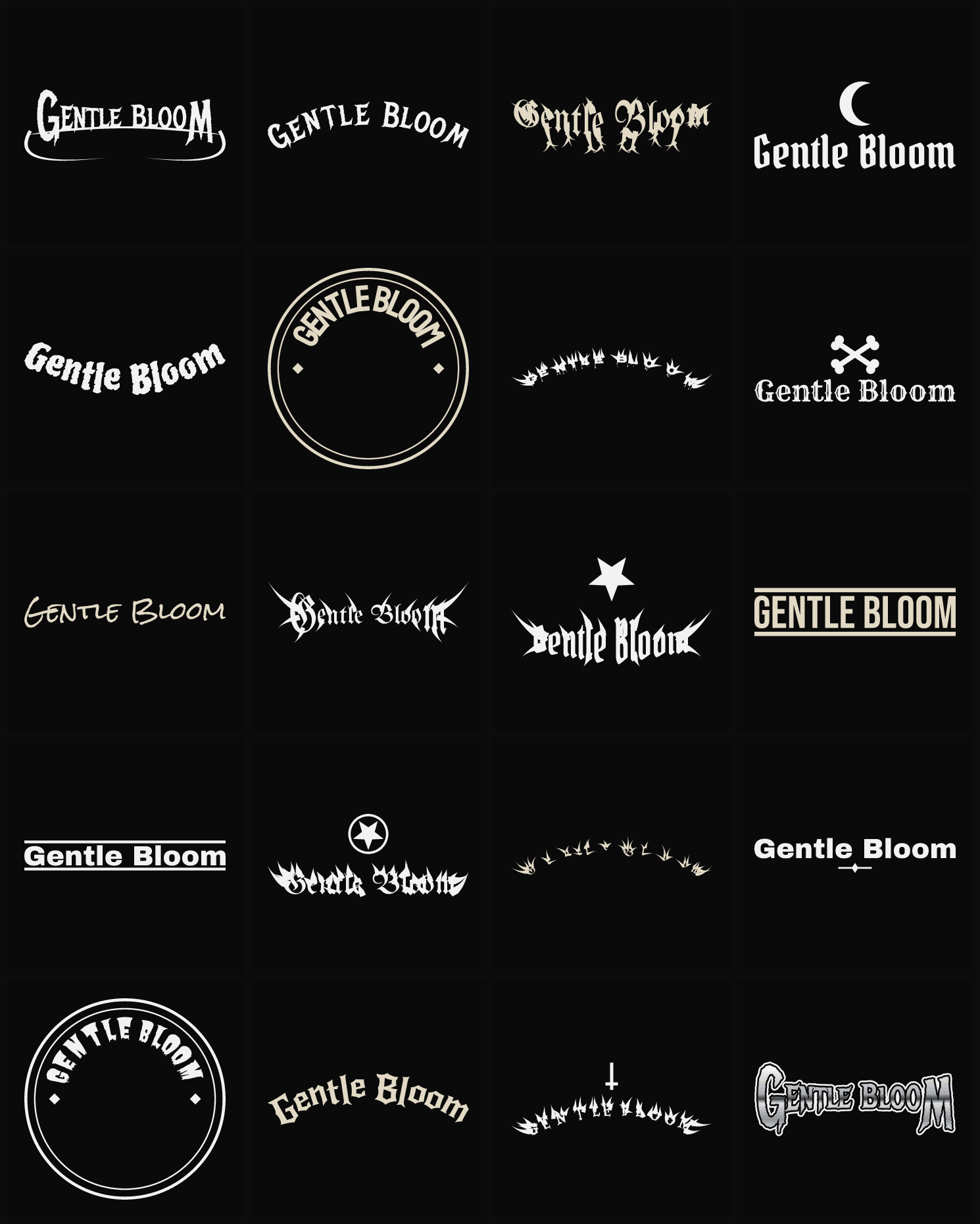 Twenty Gentle Bloom band logo ideas — different faces, treatments and spike settings