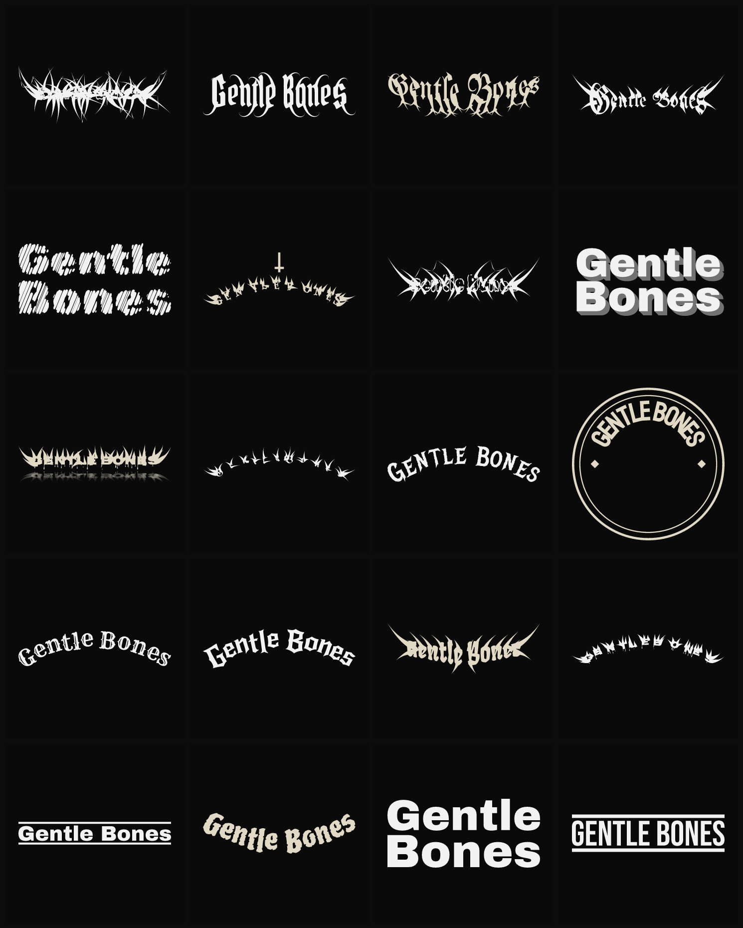 Twenty Gentle Bones band logo ideas — different faces, treatments and spike settings