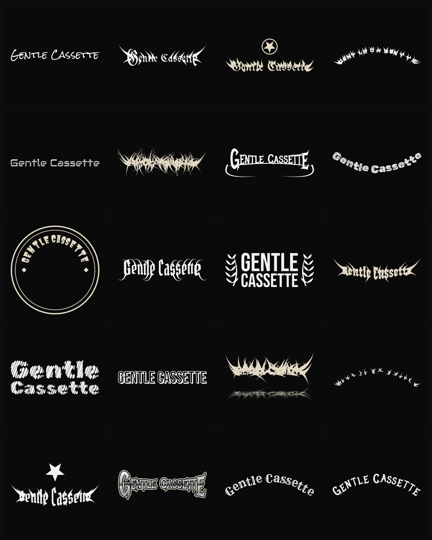 Twenty Gentle Cassette band logo ideas — different faces, treatments and spike settings