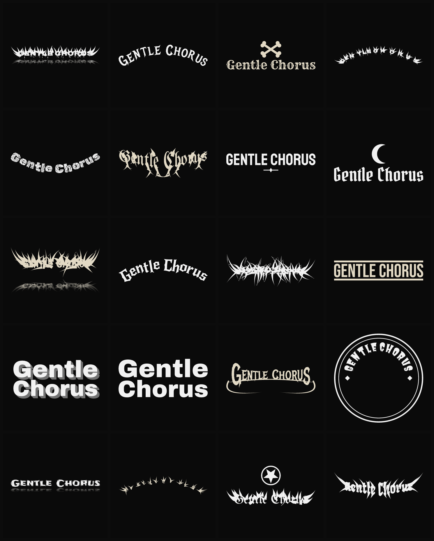 Twenty Gentle Chorus band logo ideas — different faces, treatments and spike settings