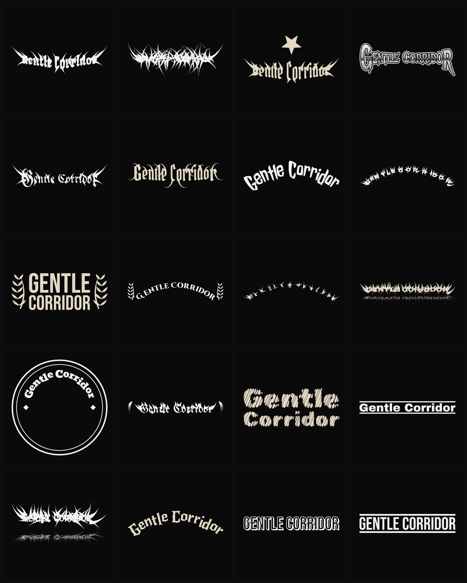 Twenty Gentle Corridor band logo ideas — different faces, treatments and spike settings