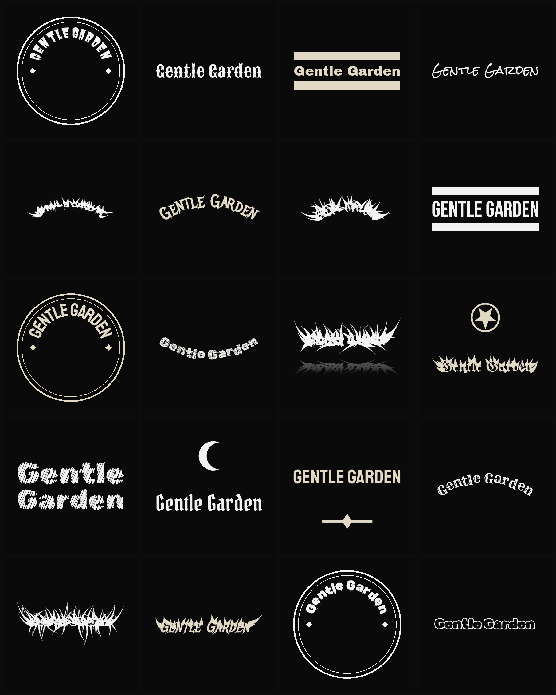Twenty Gentle Garden band logo ideas — different faces, treatments and spike settings
