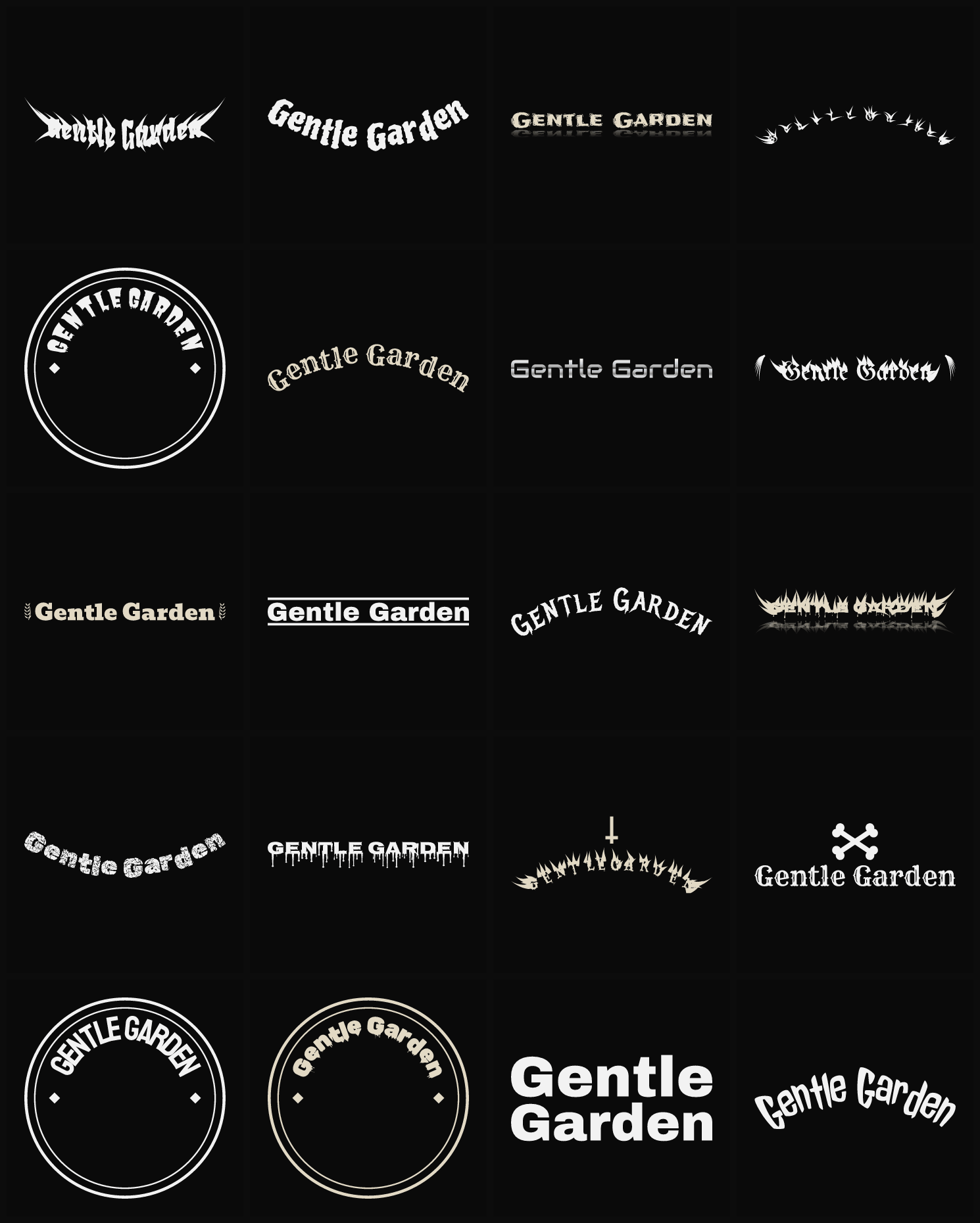Twenty Gentle Garden band logo ideas — different faces, treatments and spike settings