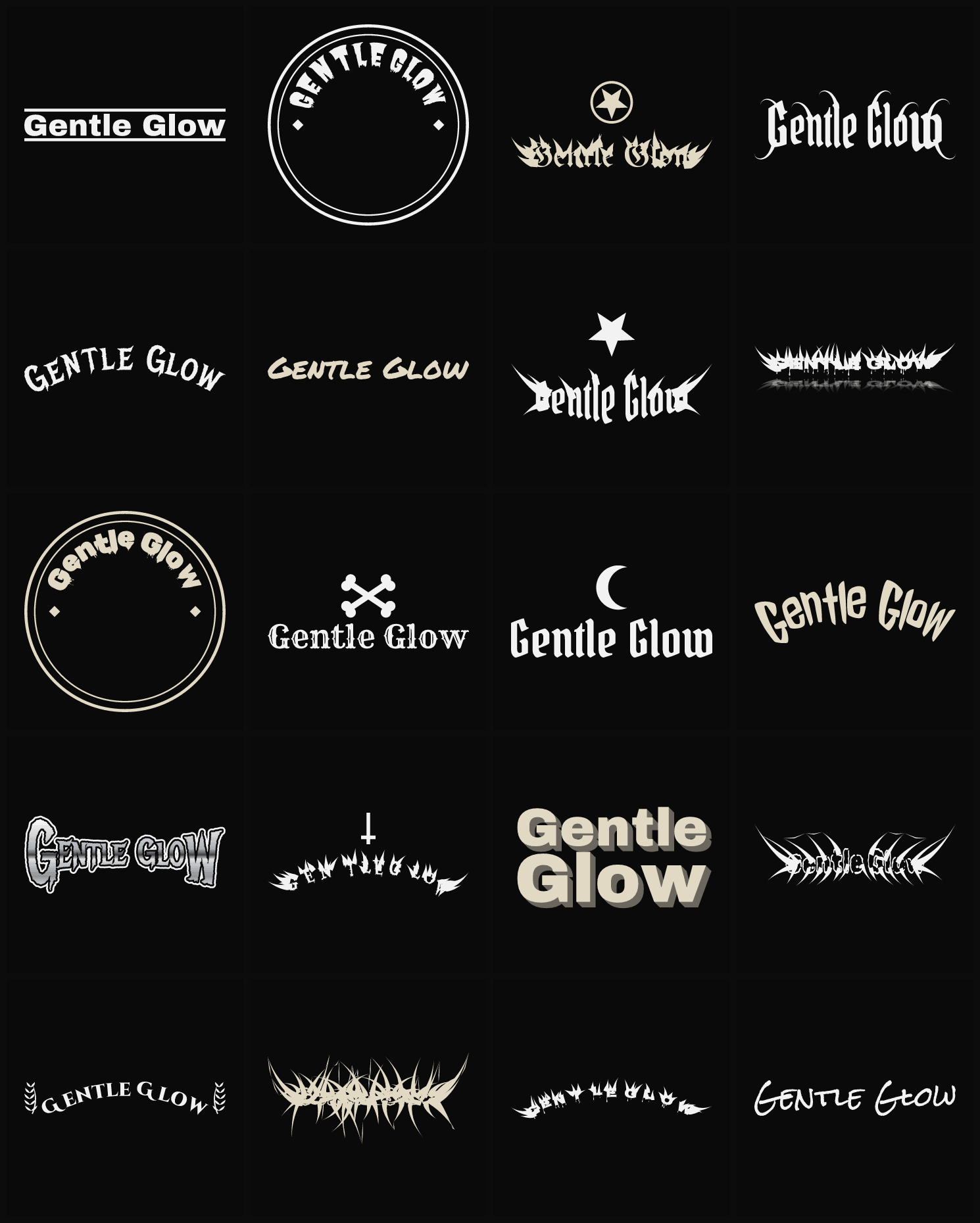 Twenty Gentle Glow band logo ideas — different faces, treatments and spike settings