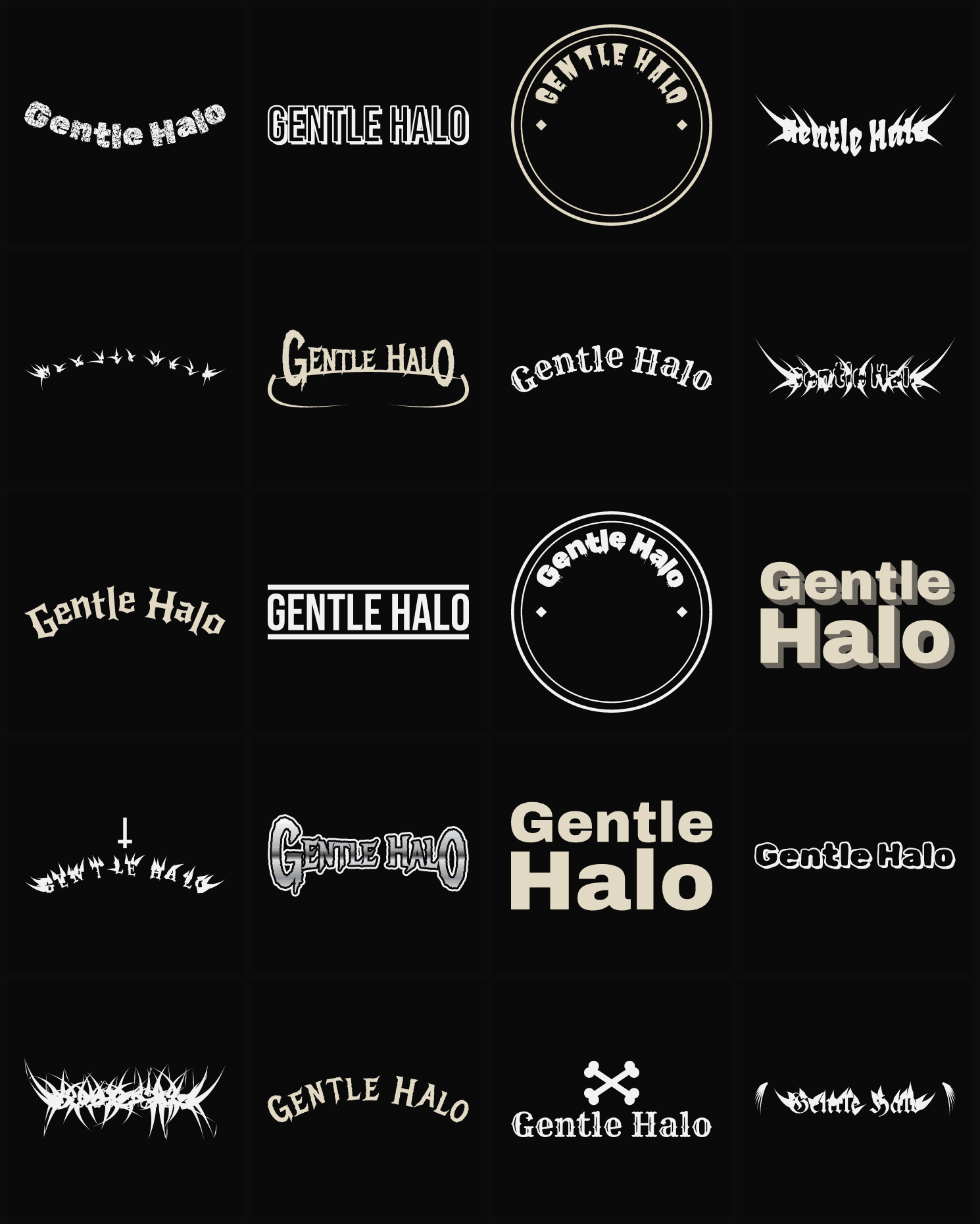 Twenty Gentle Halo band logo ideas — different faces, treatments and spike settings