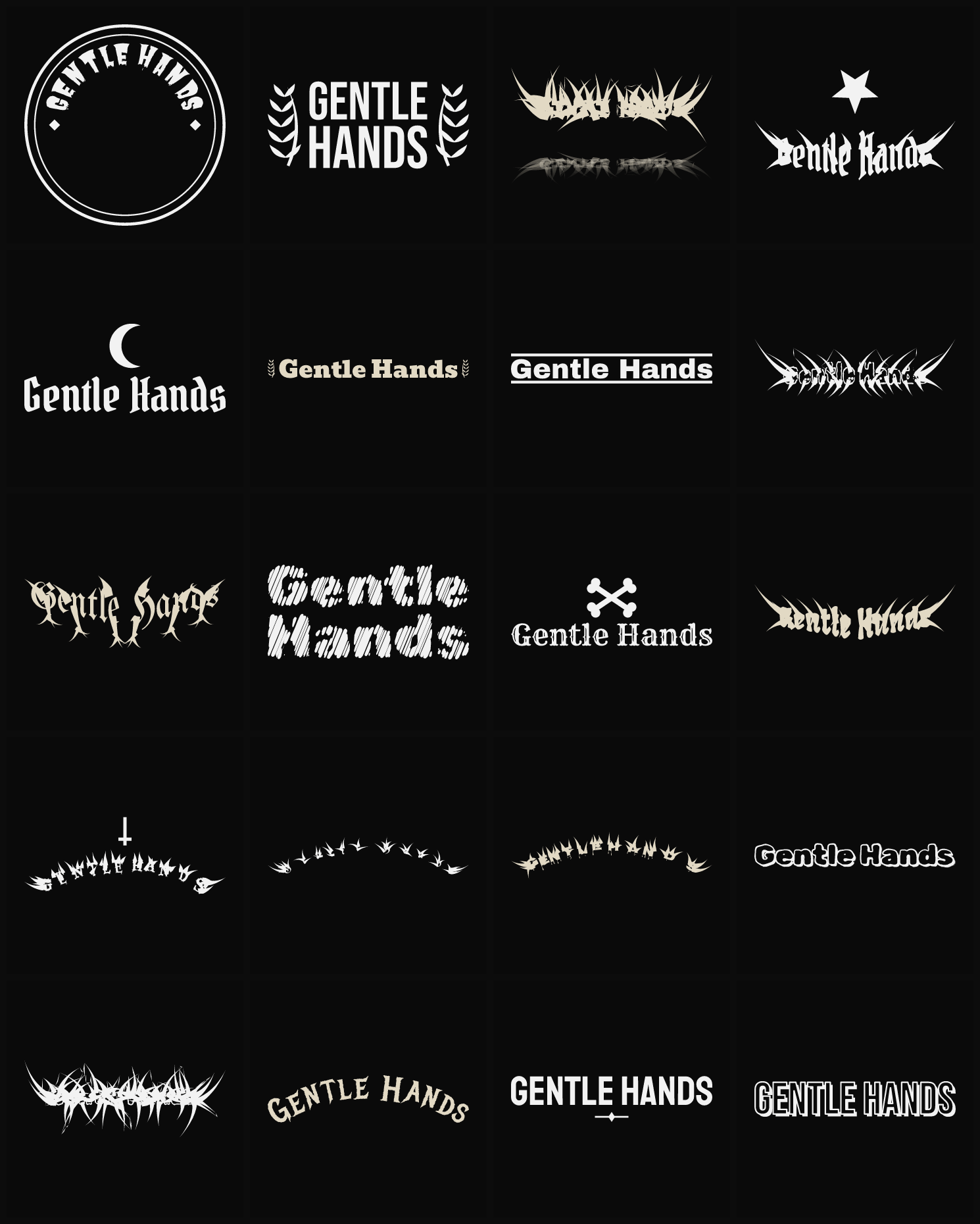 Twenty Gentle Hands band logo ideas — different faces, treatments and spike settings