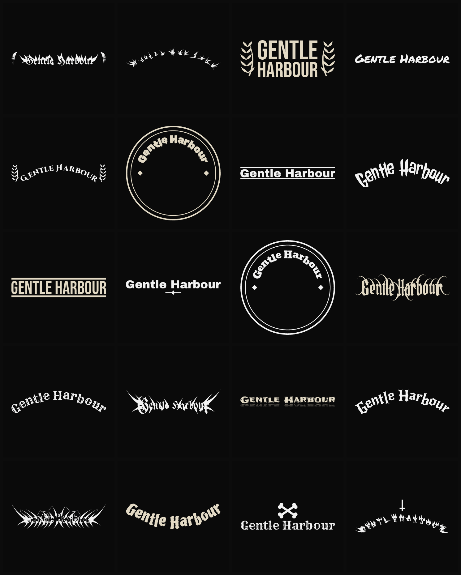 Twenty Gentle Harbour band logo ideas — different faces, treatments and spike settings