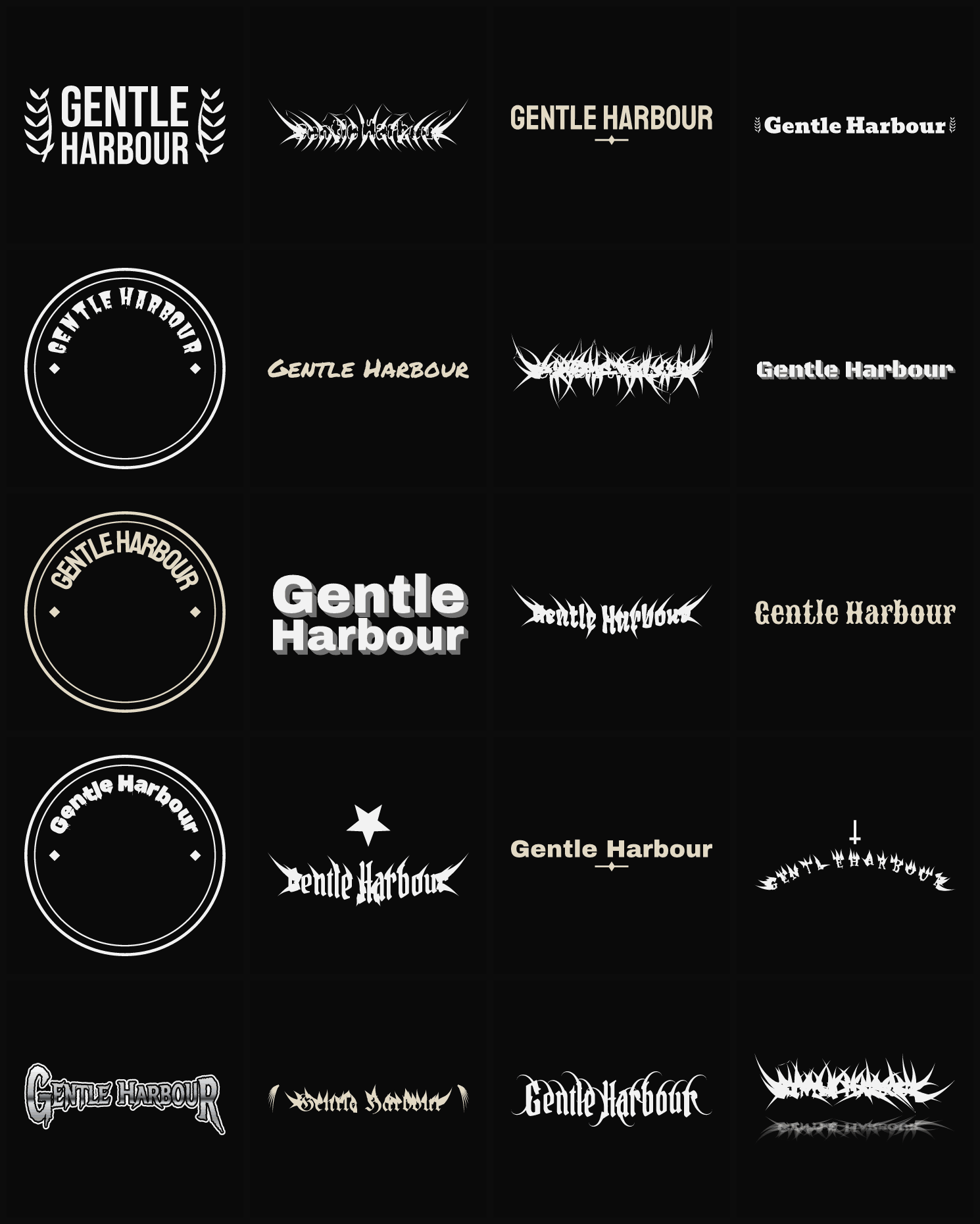Twenty Gentle Harbour band logo ideas — different faces, treatments and spike settings