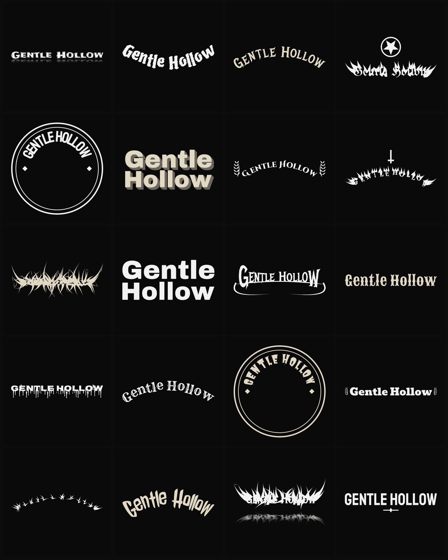 Twenty Gentle Hollow band logo ideas — different faces, treatments and spike settings