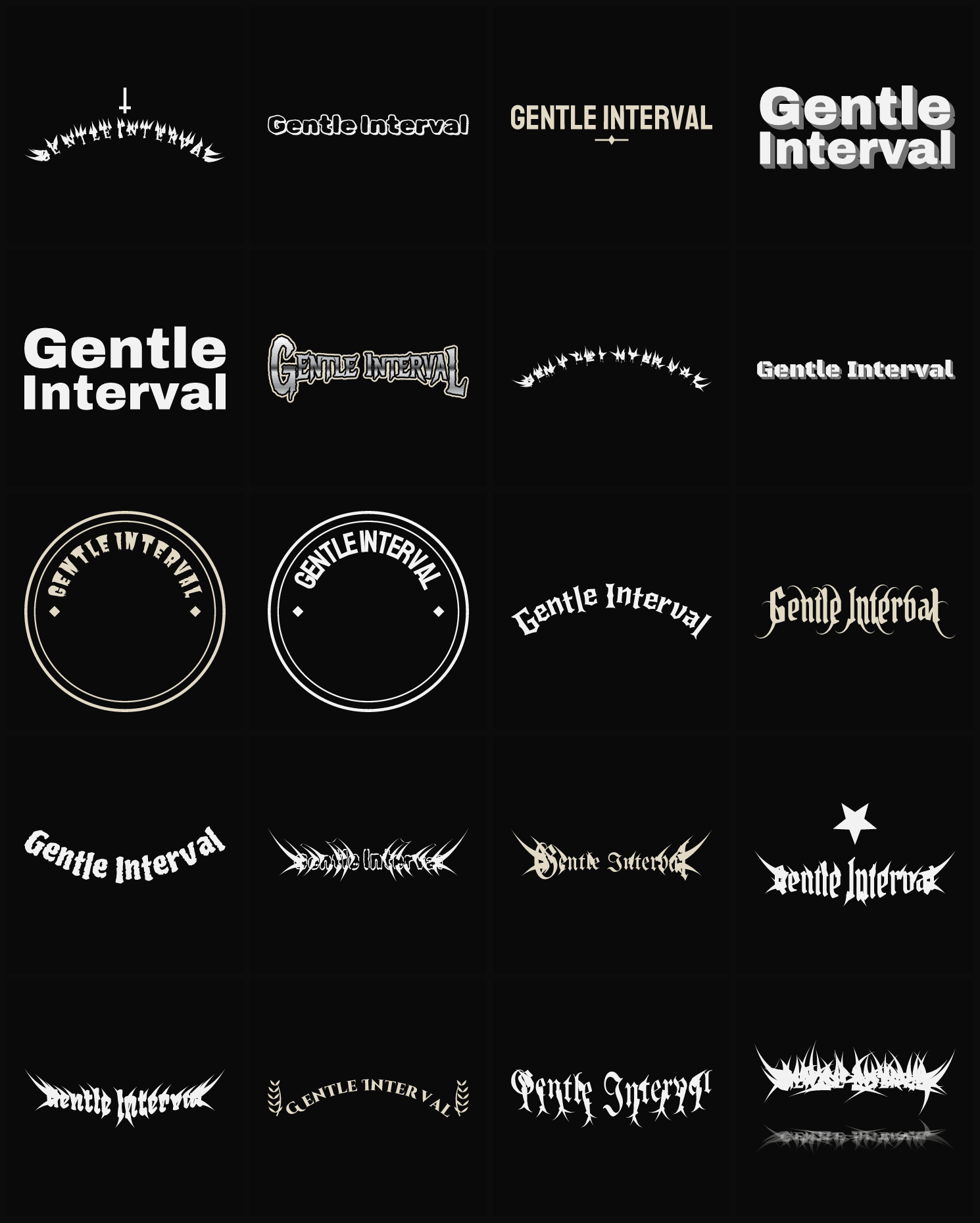 Twenty Gentle Interval band logo ideas — different faces, treatments and spike settings