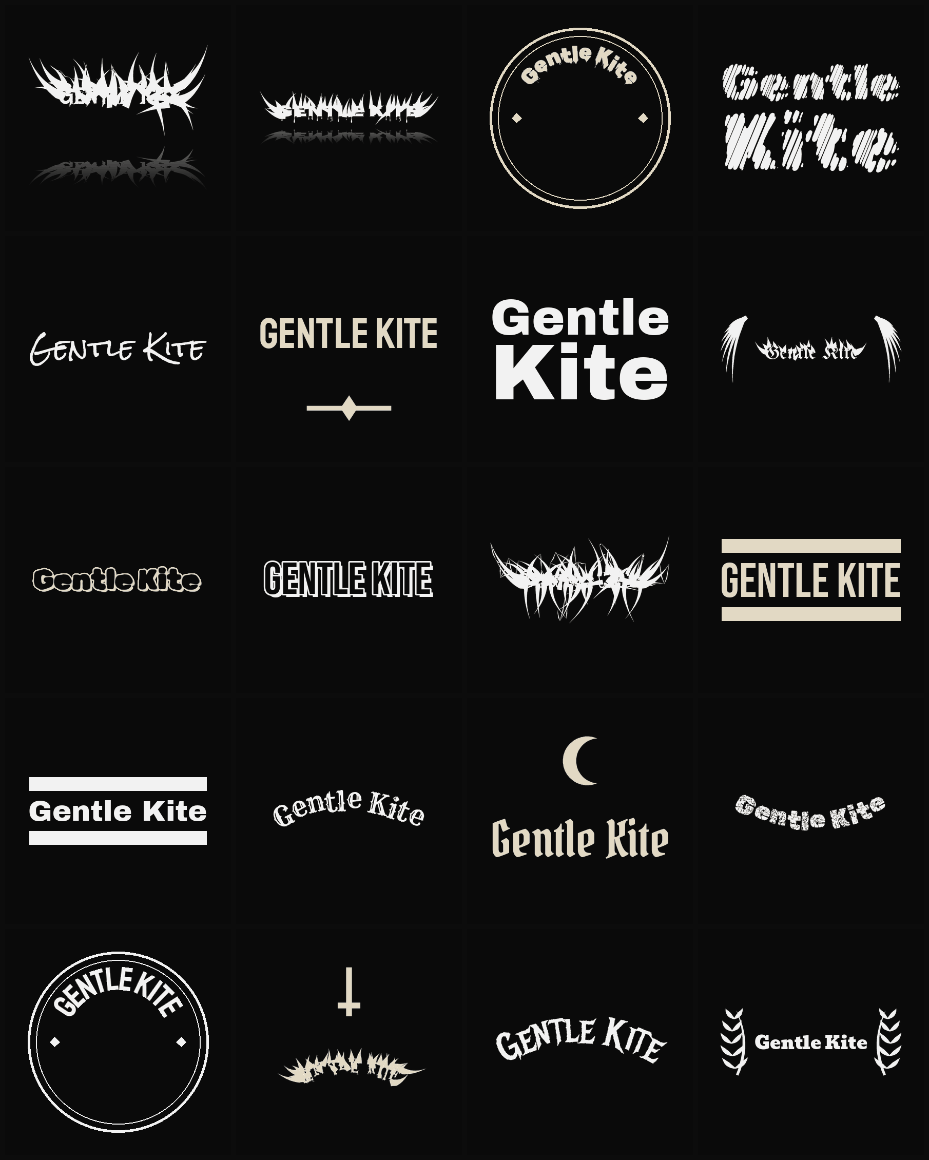 Twenty Gentle Kite band logo ideas — different faces, treatments and spike settings