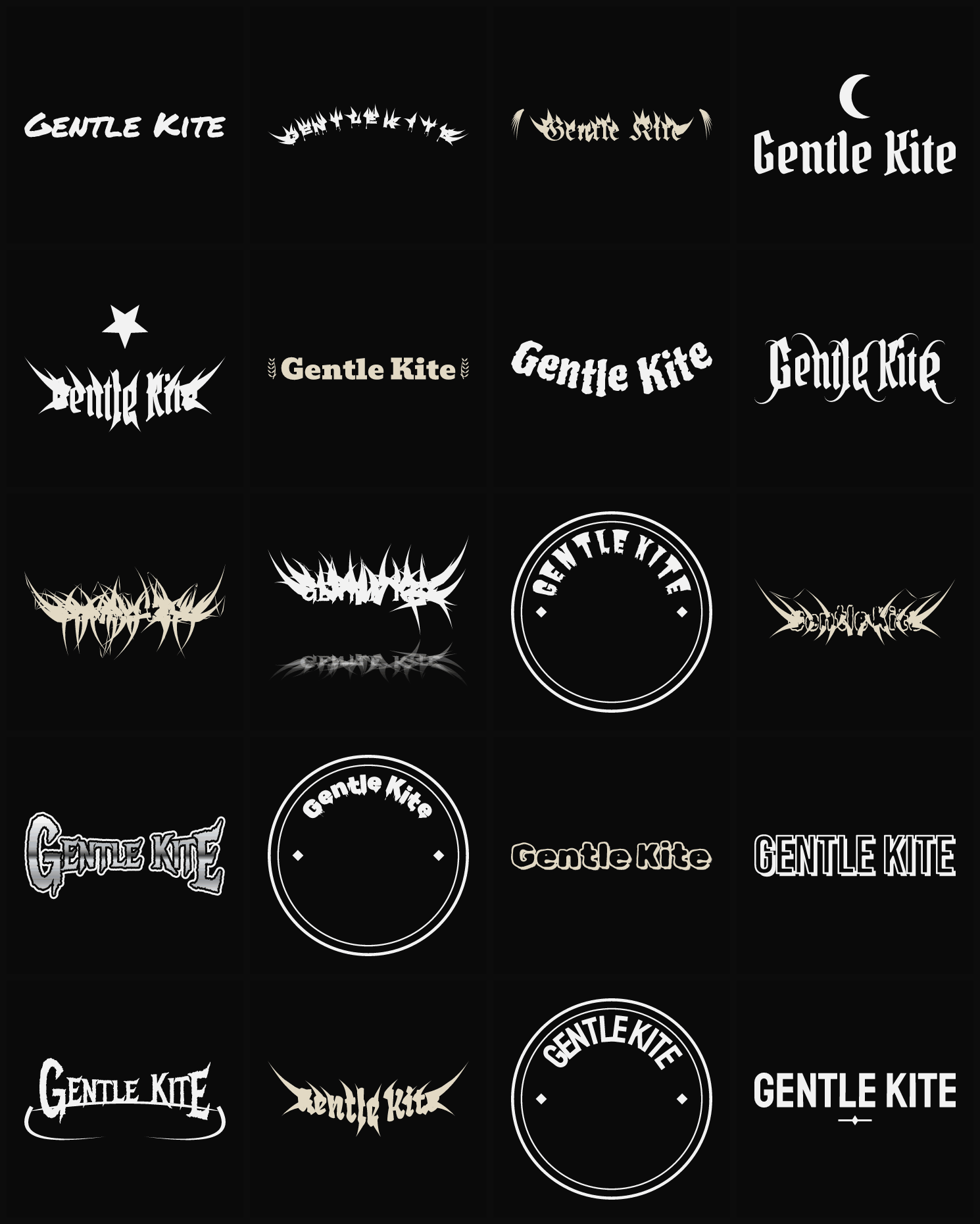 Twenty Gentle Kite band logo ideas — different faces, treatments and spike settings