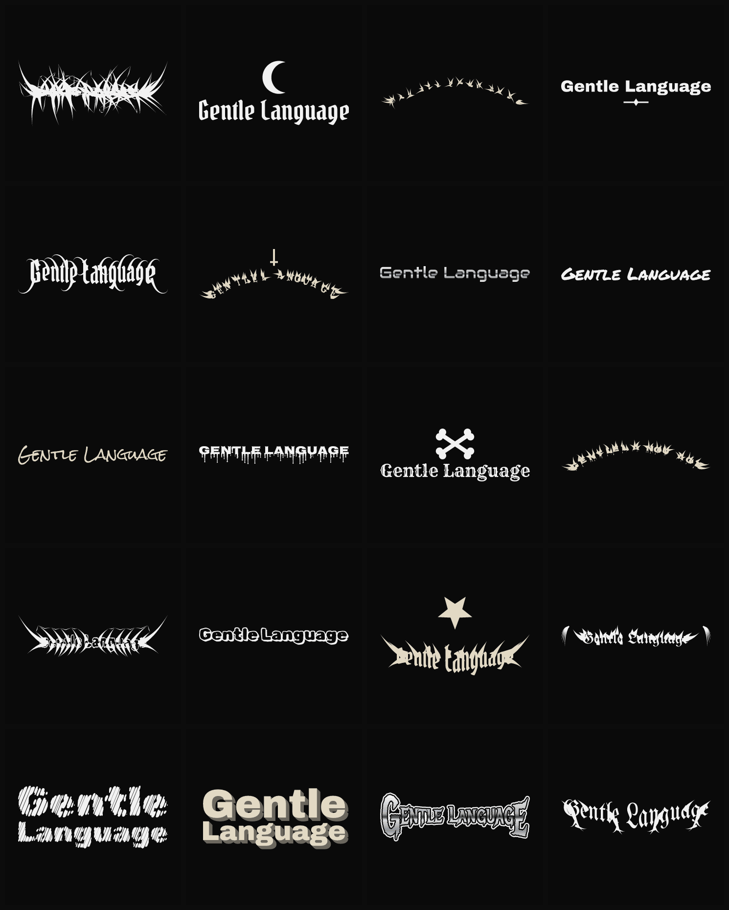 Twenty Gentle Language band logo ideas — different faces, treatments and spike settings