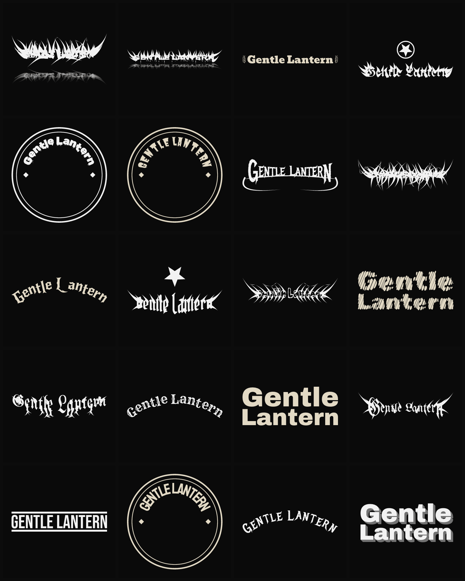 Twenty Gentle Lantern band logo ideas — different faces, treatments and spike settings