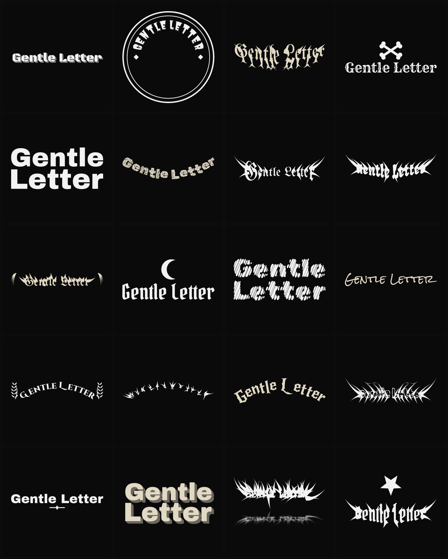 Twenty Gentle Letter band logo ideas — different faces, treatments and spike settings
