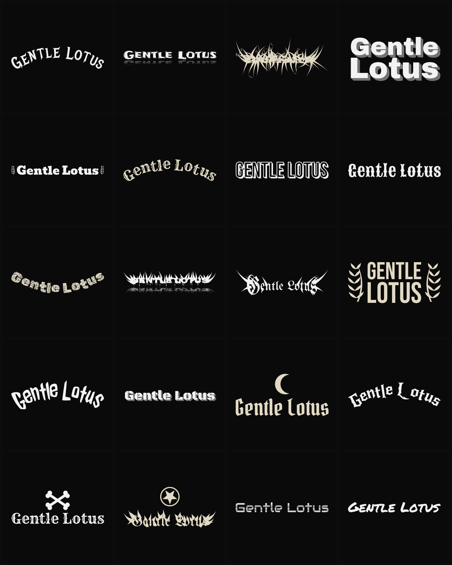 Twenty Gentle Lotus band logo ideas — different faces, treatments and spike settings