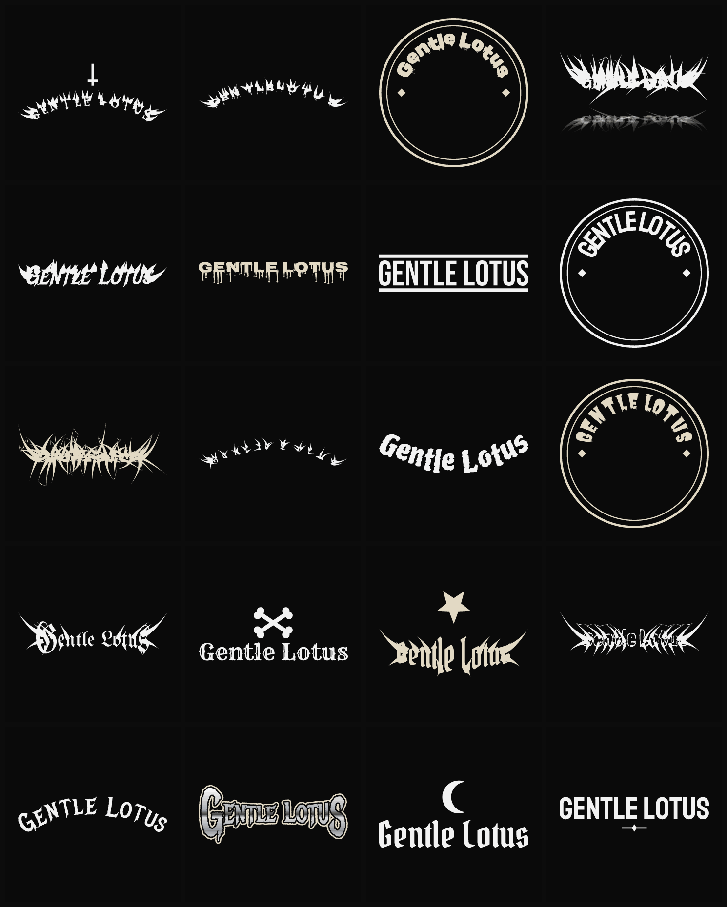 Twenty Gentle Lotus band logo ideas — different faces, treatments and spike settings
