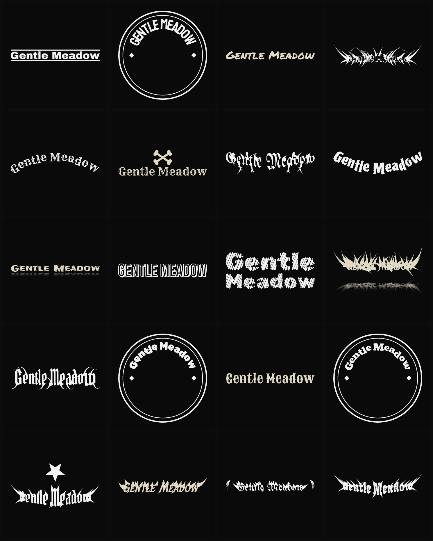 Twenty Gentle Meadow band logo ideas — different faces, treatments and spike settings
