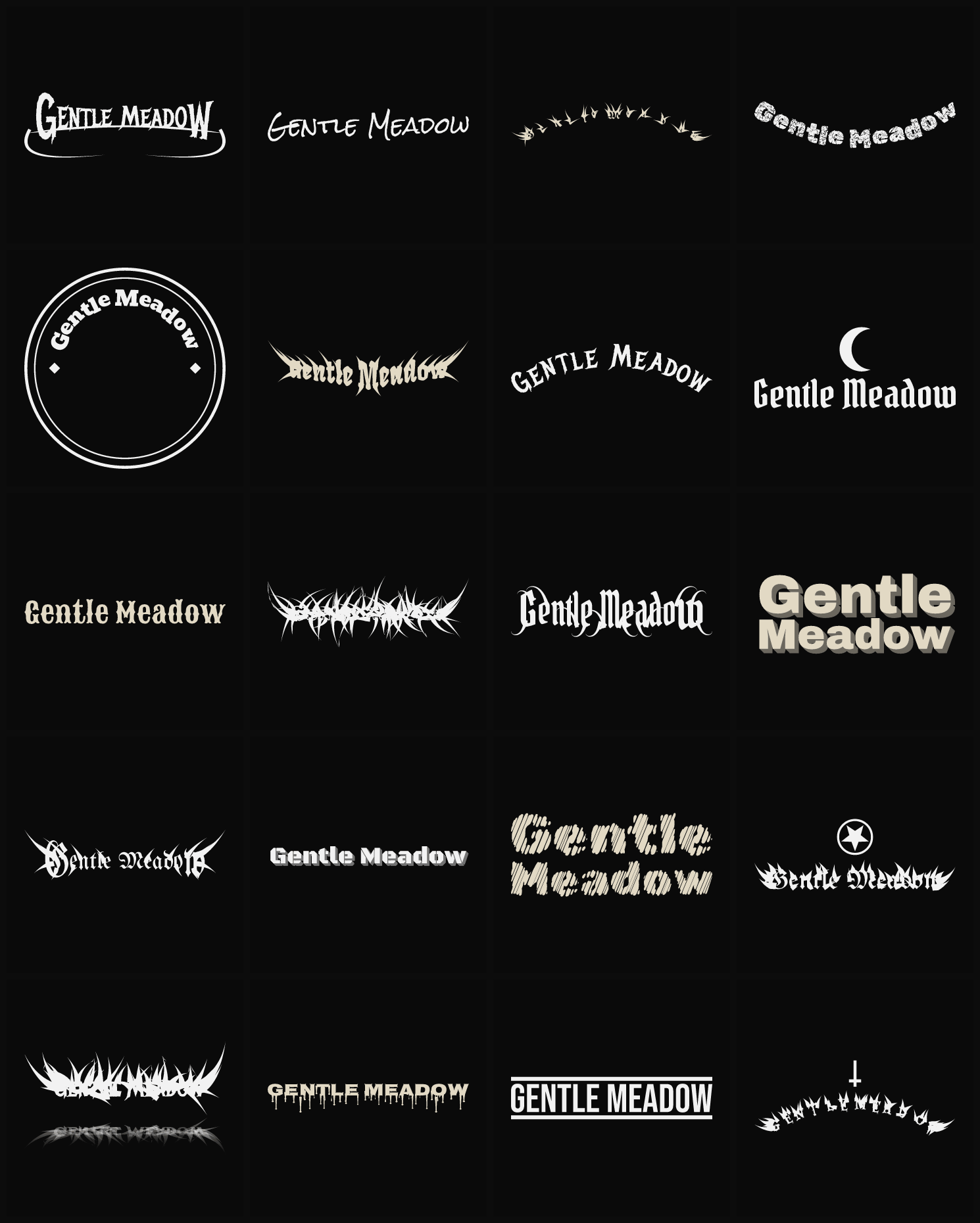 Twenty Gentle Meadow band logo ideas — different faces, treatments and spike settings