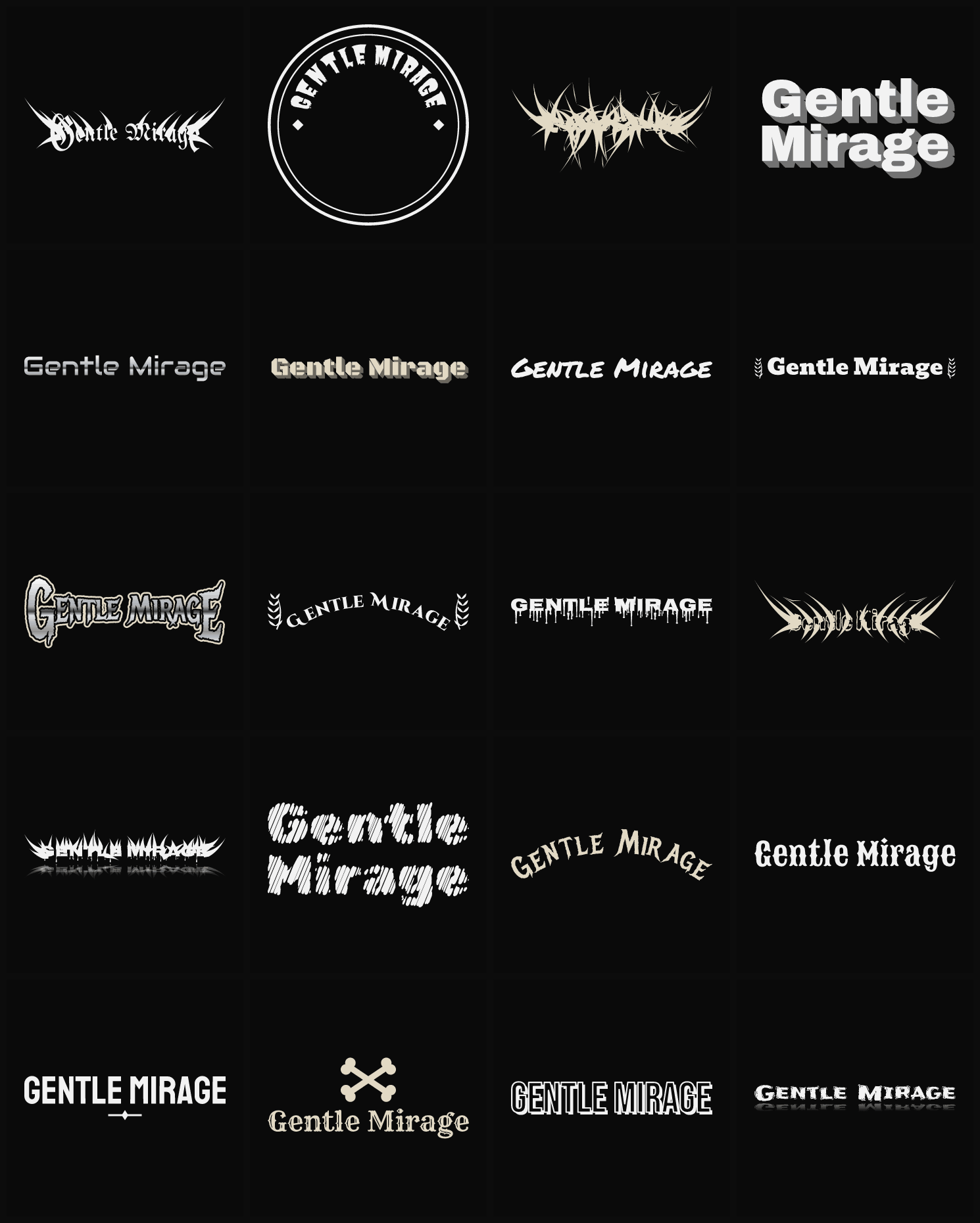 Twenty Gentle Mirage band logo ideas — different faces, treatments and spike settings