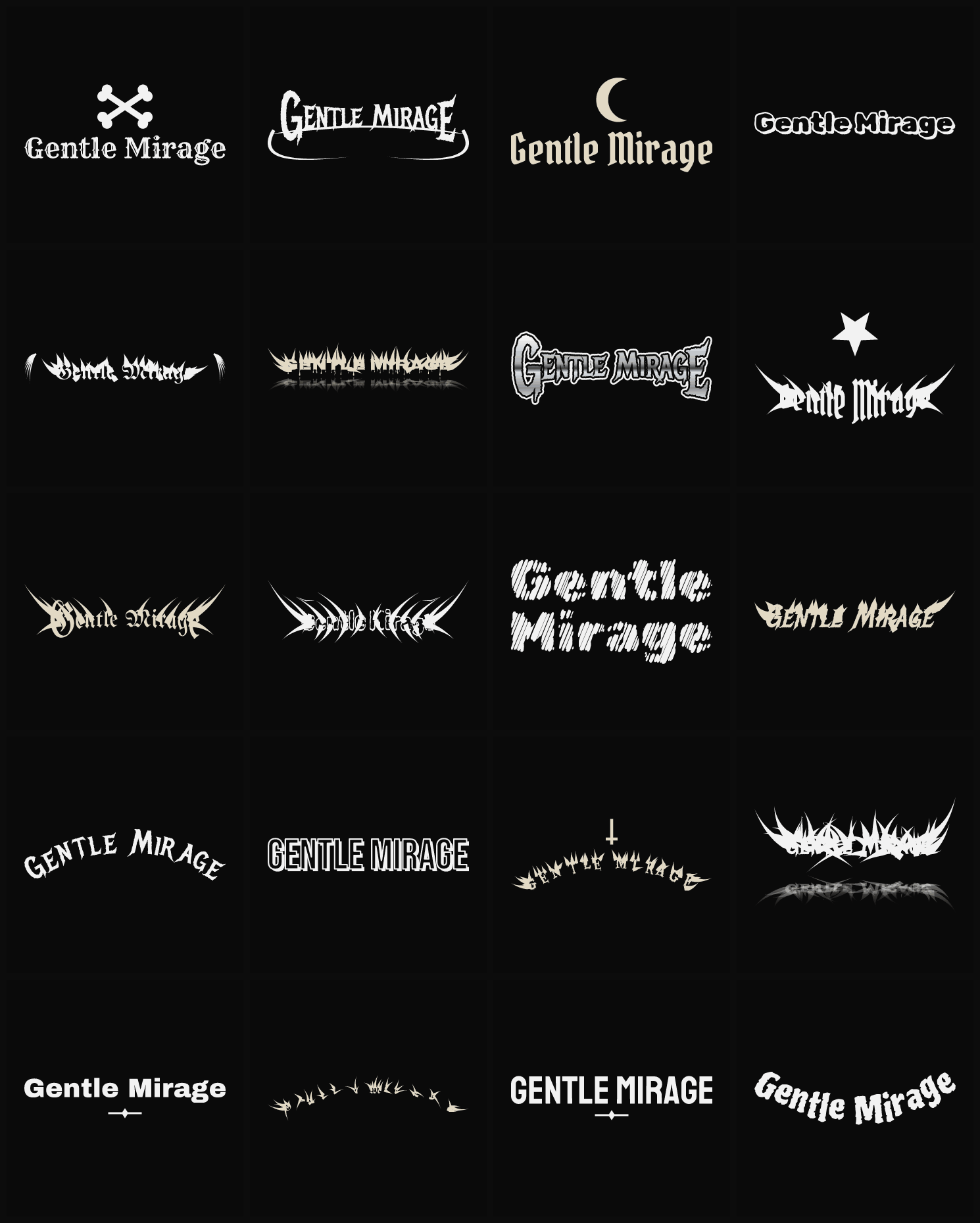 Twenty Gentle Mirage band logo ideas — different faces, treatments and spike settings