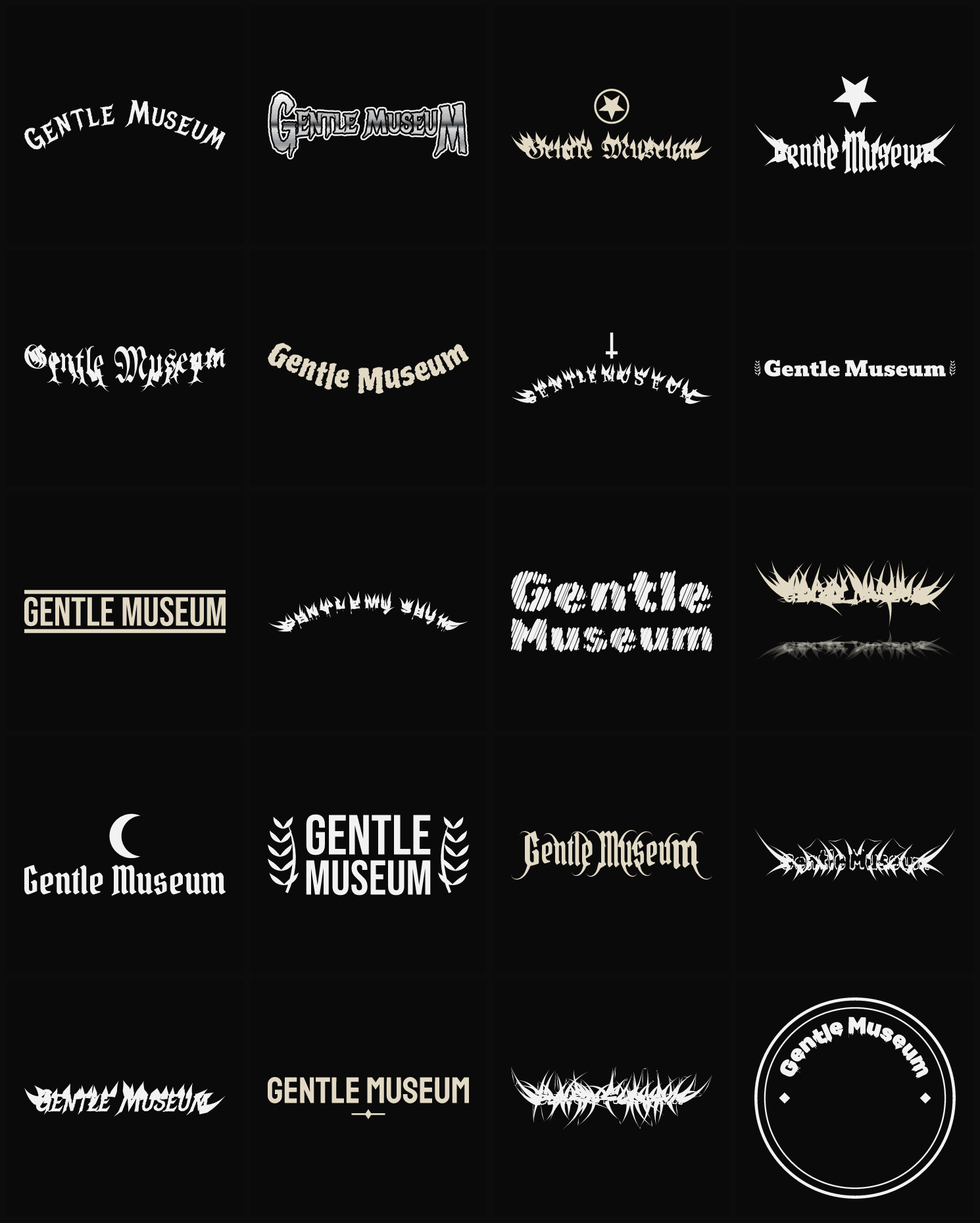 Twenty Gentle Museum band logo ideas — different faces, treatments and spike settings